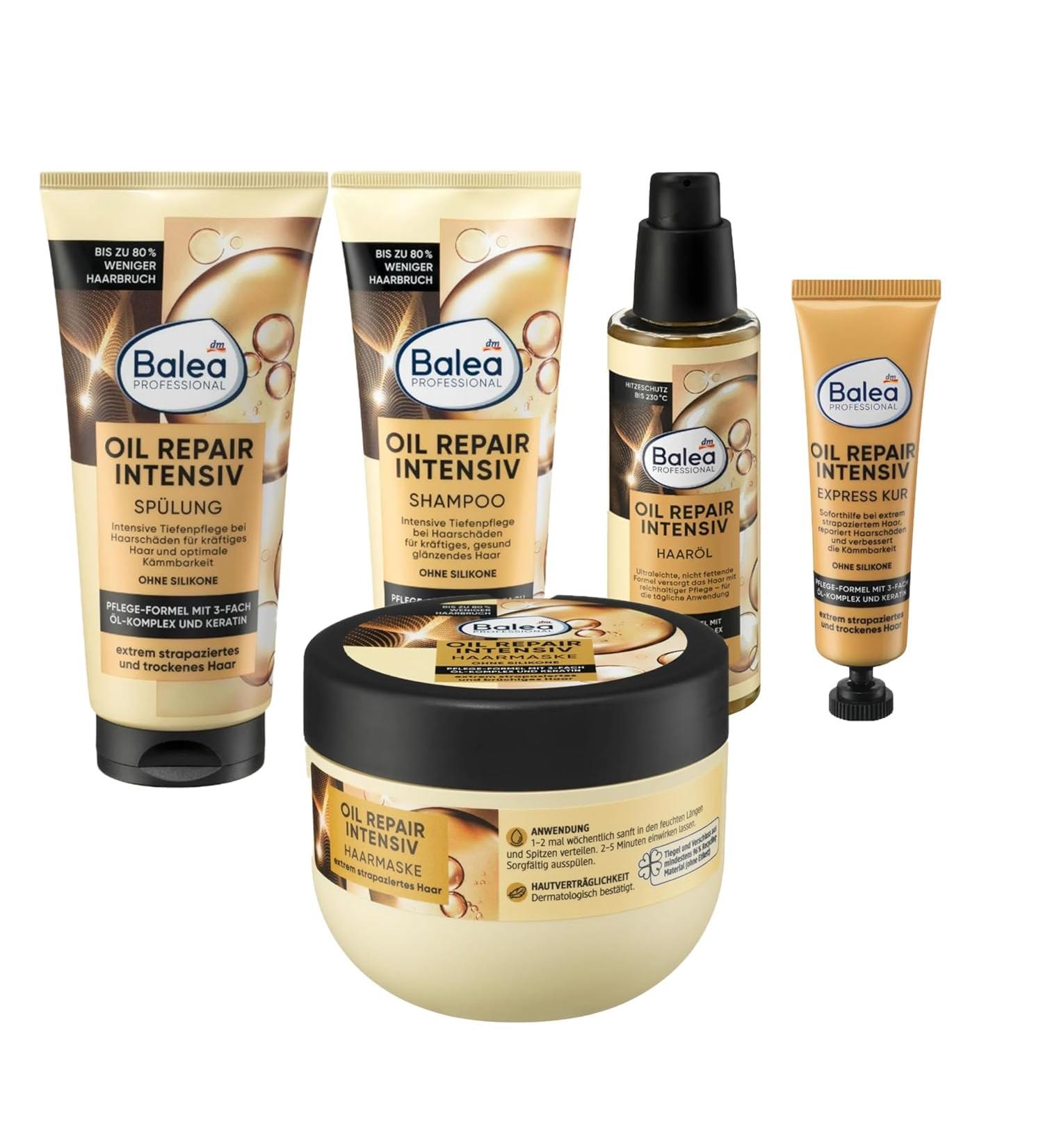 Balea Lot de 5 soins capillaires : shampooing 250 ml + apr s-shampoing 200 ml + cure 300 ml + Express Kur Oil Repair Intensive 20 ml + Huile capillaire 100 ml - Buy Online on GoSupps.com