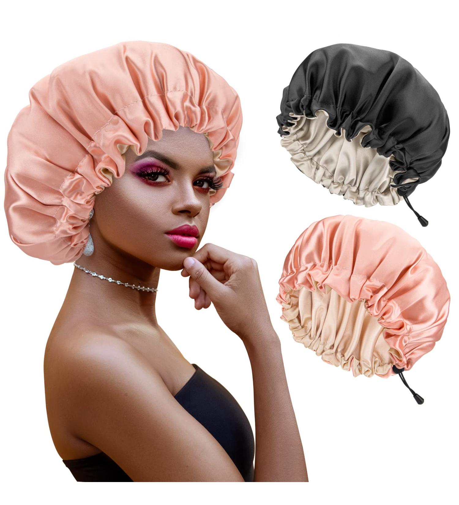 Atudew Satin Bonnet 2PCS for Black Women - Silk Hair Cap for Curly Hair, Sleeping, and Night - Adjustable Black & Pink - Buy Online on GoSupps.com