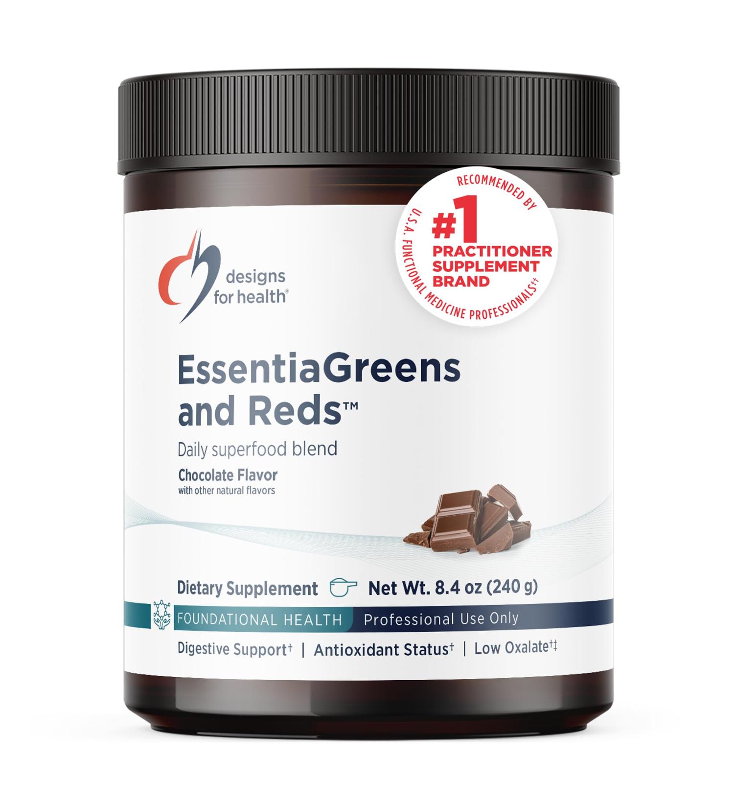 Designs for Health EssentiaGreens and Reds (Chocolate 30 Servings) Vegan Superfood Powder with Spirulina Kale & More for Daily Nutrition and Digestive Health - Buy Online on GoSupps.com