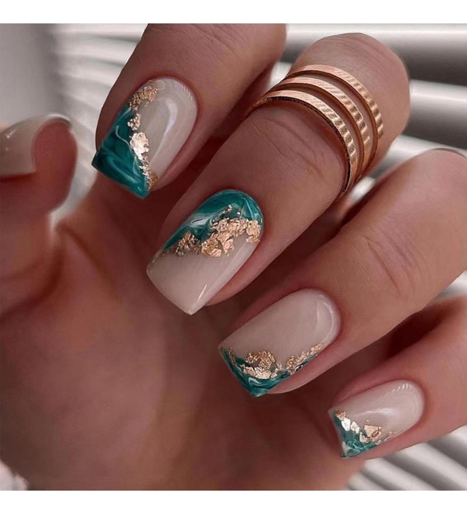 Marble Press on Nails - Square Medium Fake Nails with Gold Foil Designs | Glossy Full Cover False Nails for Women & Girls | 24pcs - Style A24 - Buy Online on GoSupps.com