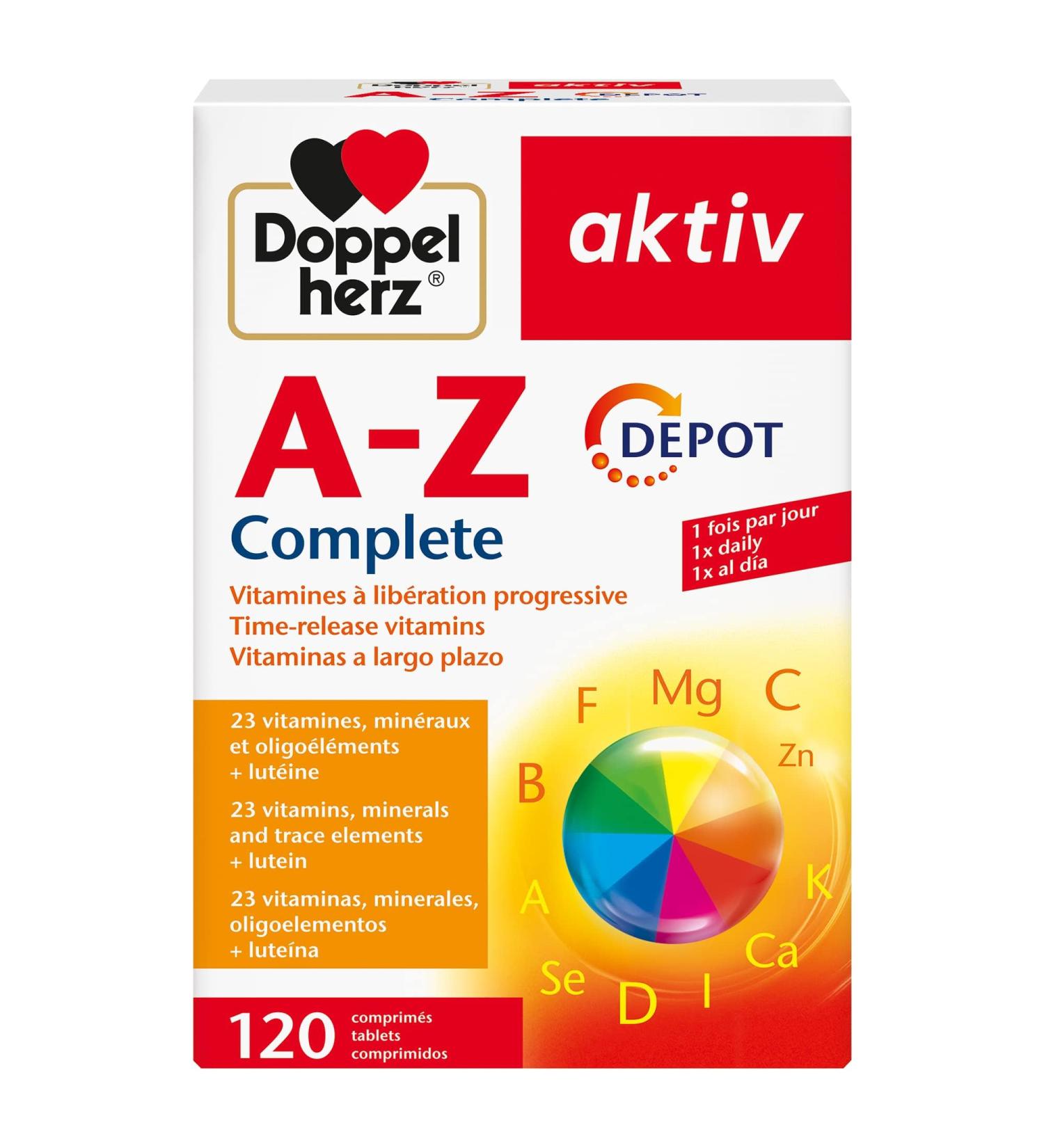 Doppelherz aktiv A-Z Complete Depot Dietary Supplement Progressive Release Vitamins Calcium Magnesium Iron Zinc Biotin Folic Acid 120 Tablets - Buy Online on GoSupps.com