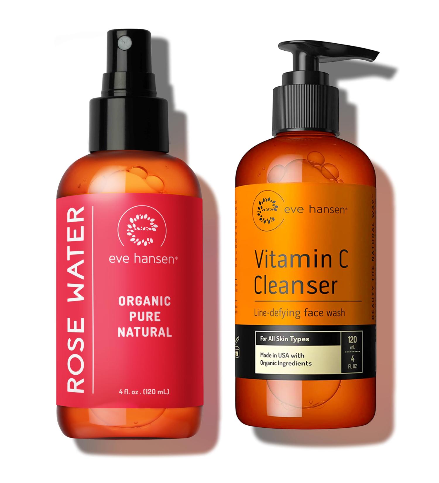 Eve Hansen Vitamin C Cleanser & Organic Rose Water Spray Bundle - Anti-Aging Facial Cleanser (4 oz) + Rosewater Toner & Setting Spray (4 oz) - Buy Online on GoSupps.com