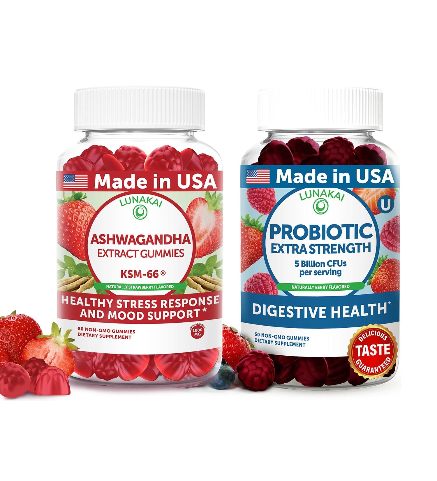 Lunakai USA Made Ashwagandha KSM-66 & Probiotic Gummies Bundle Daily Mood & Digestive Support 60 Non-GMO Gummies Each - Buy Online on GoSupps.com