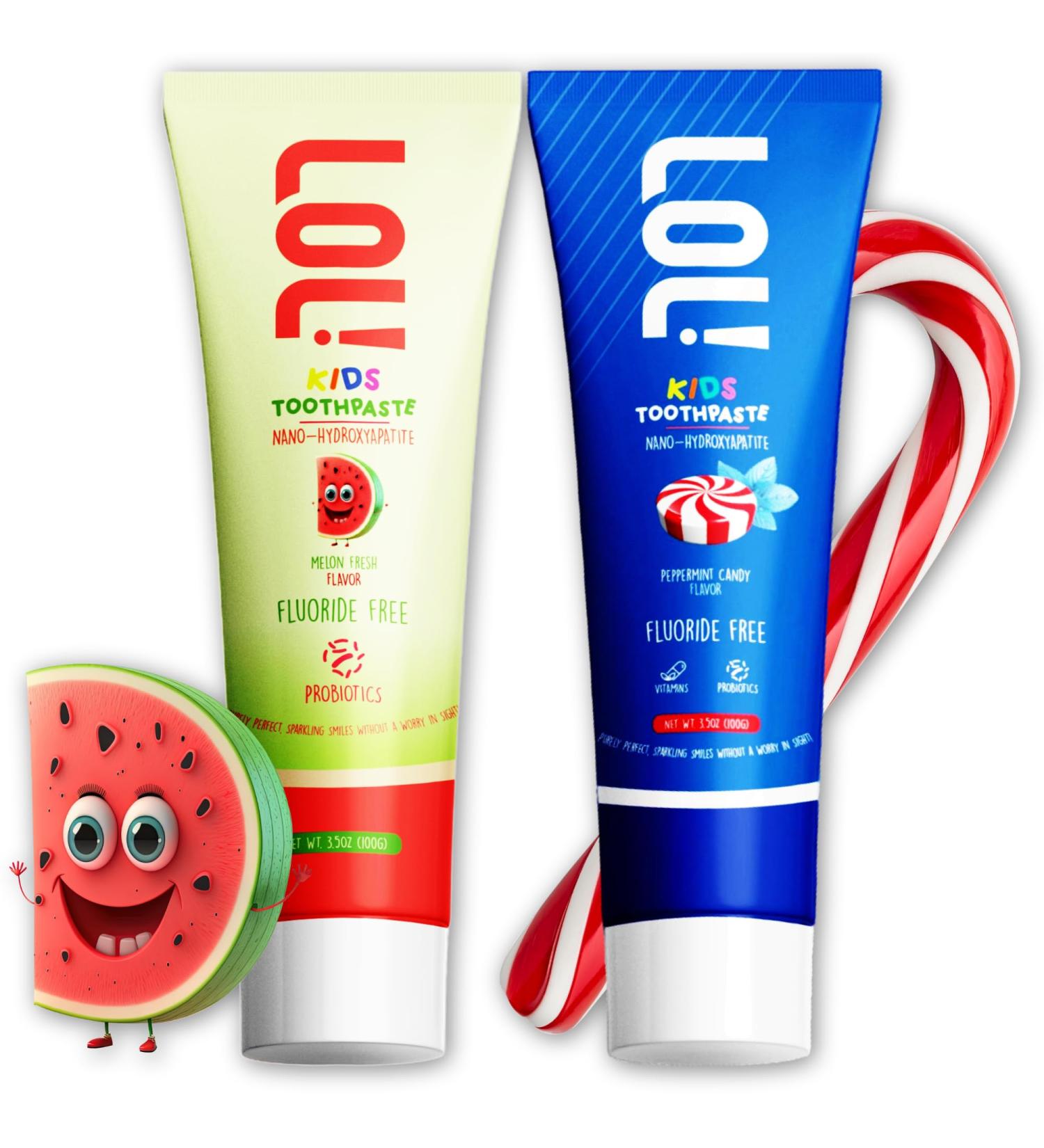 LOL Kids Toothpaste | Fluoride Free 2-Flavors Pack | Nano Hydroxyapatite Toothpaste Probiotics Vitamins A C E | Safe if Swallowed No SLS | 1 Melon Flavor 1 Peppermint - Buy Online on GoSupps.com