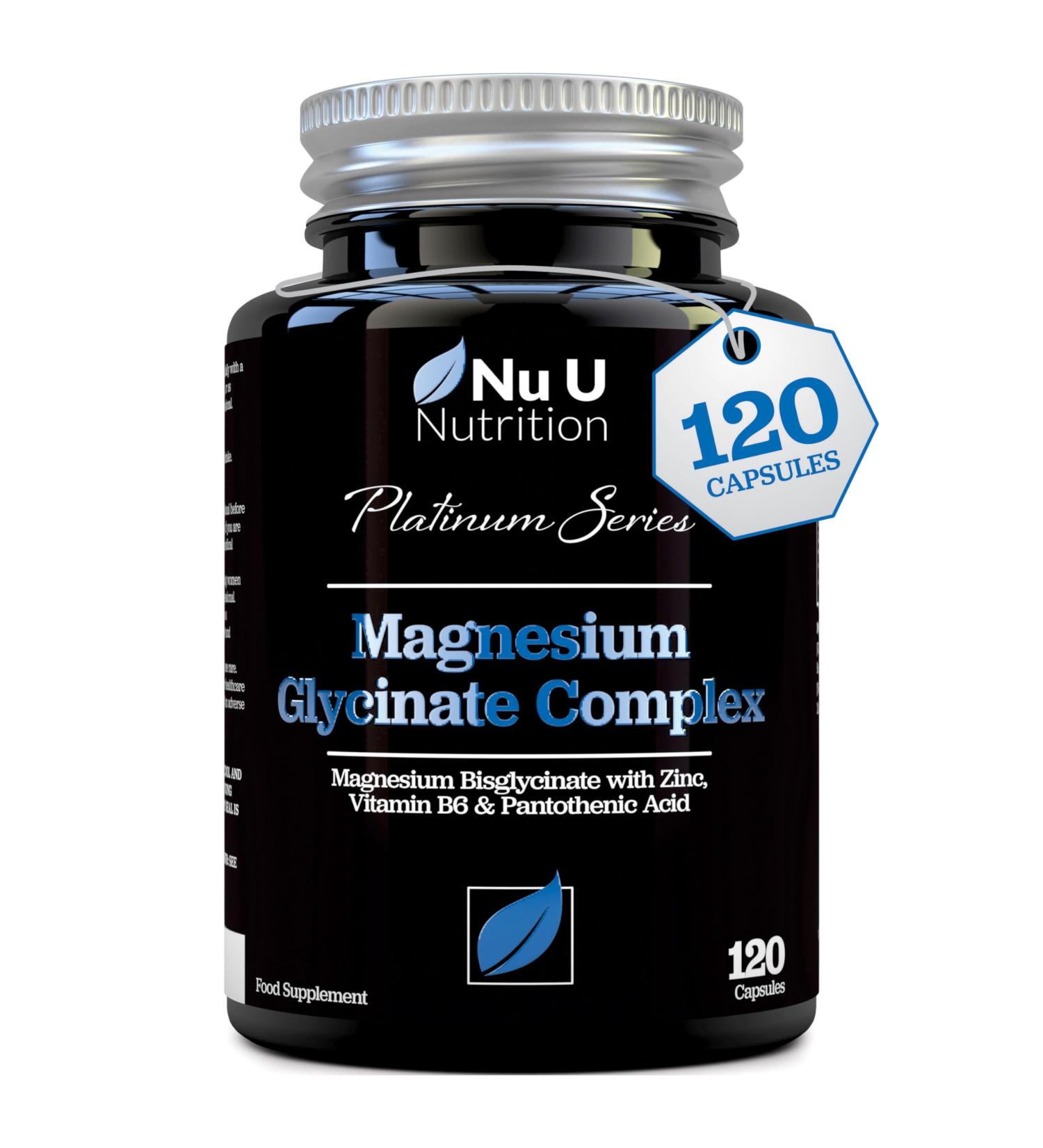Magnesium Glycinate Capsules with Vitamin B6, Zinc & Pantothenic Acid - 120 Vegan Capsules | 250mg Elemental Magnesium per Serving - High Strength Bisglycinate Supplement - Buy Online on GoSupps.com