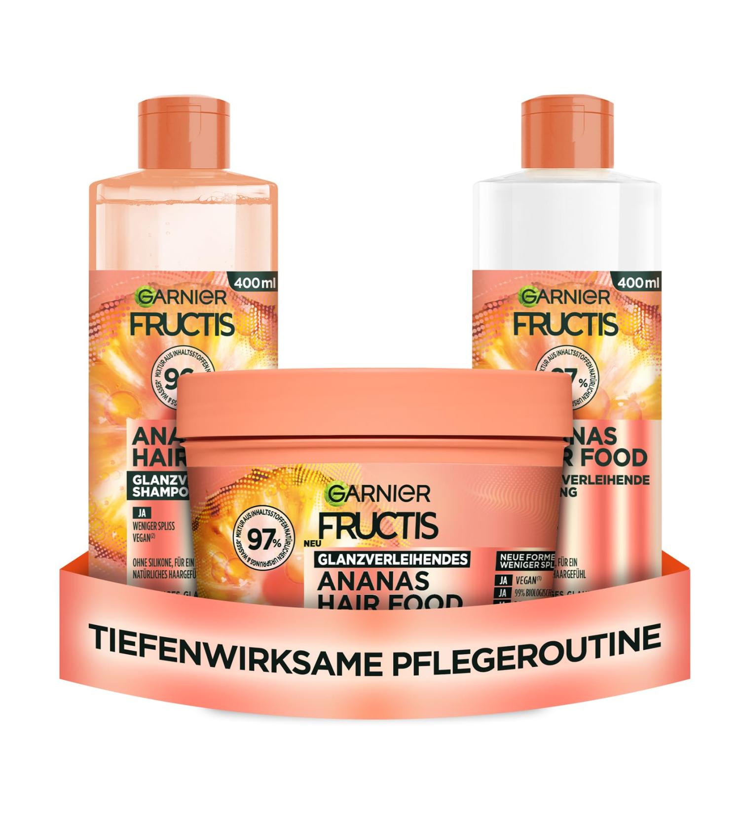Garnier Fructis Glossy Haircare Set | Shine & Nourish Long Hair | Vitamin & Lipid Complex | Pineapple Shampoo Rinse & 3-in-1 Mask | 400 ml Each - Buy Online on GoSupps.com