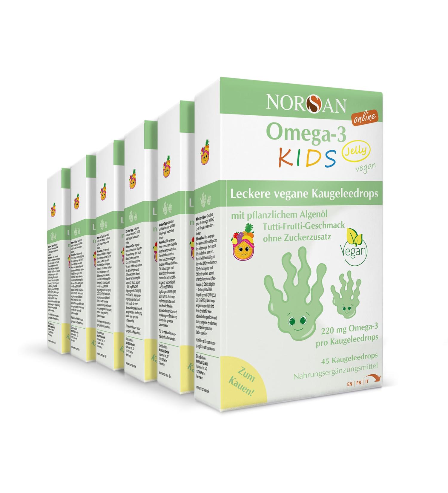 Norsan Omega 3 Vegan Kids Jelly 45 High (6x45 pieces)/Omega 3 vegan high dose 220mg per cheweleedrops/veganes omega 3 with EPA & DHA/OMEGA 3 kids with Tutti-frutti-taste 6x 45 pieces