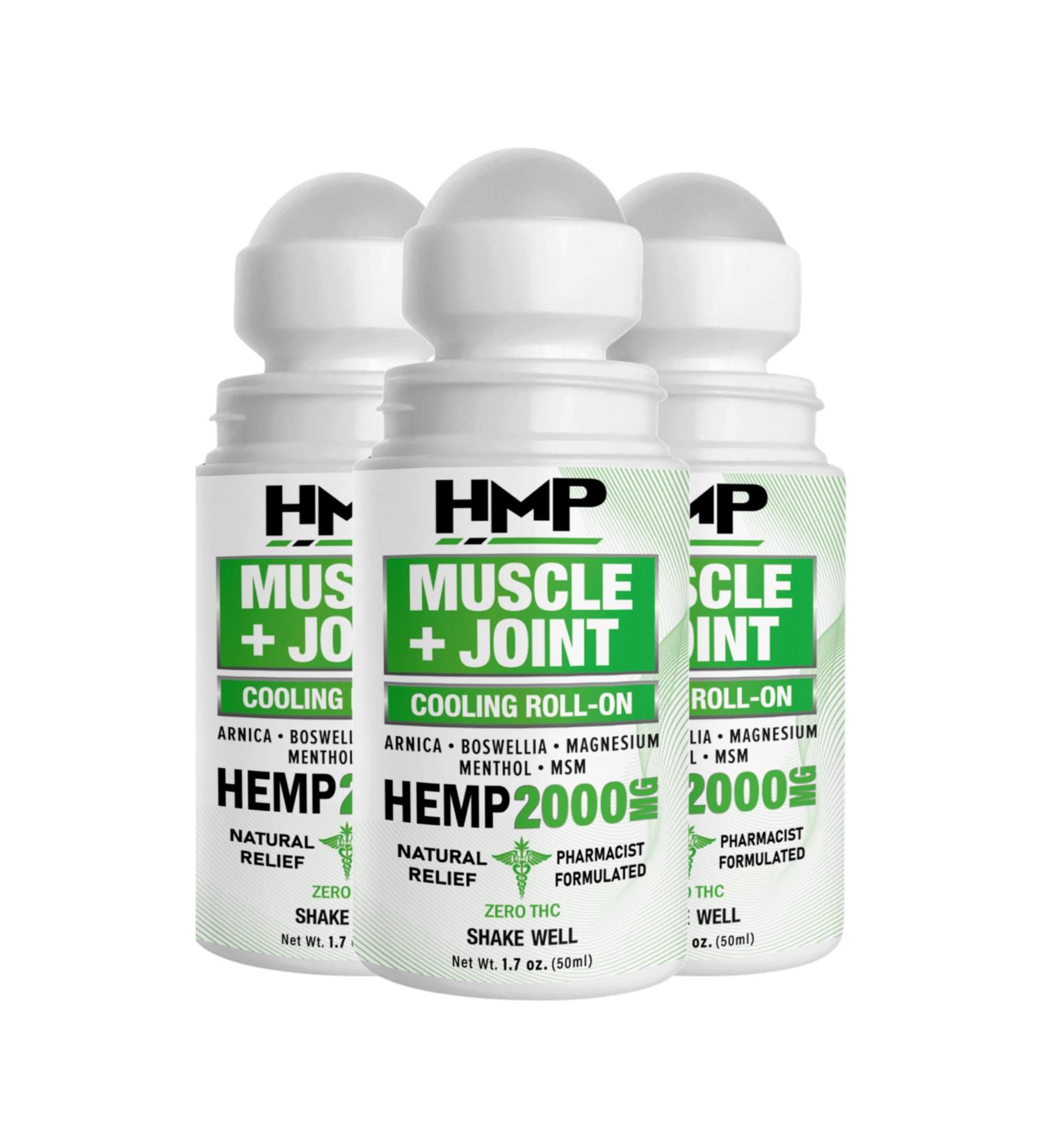 HMP Muscle & Joint Cooling Roll On - 2000MG Natural Formula with Menthol & Arnica - Fast Acting Hemp Support for Back Shoulder & Knee - Made in USA (3 Pack) - Buy Online on GoSupps.com