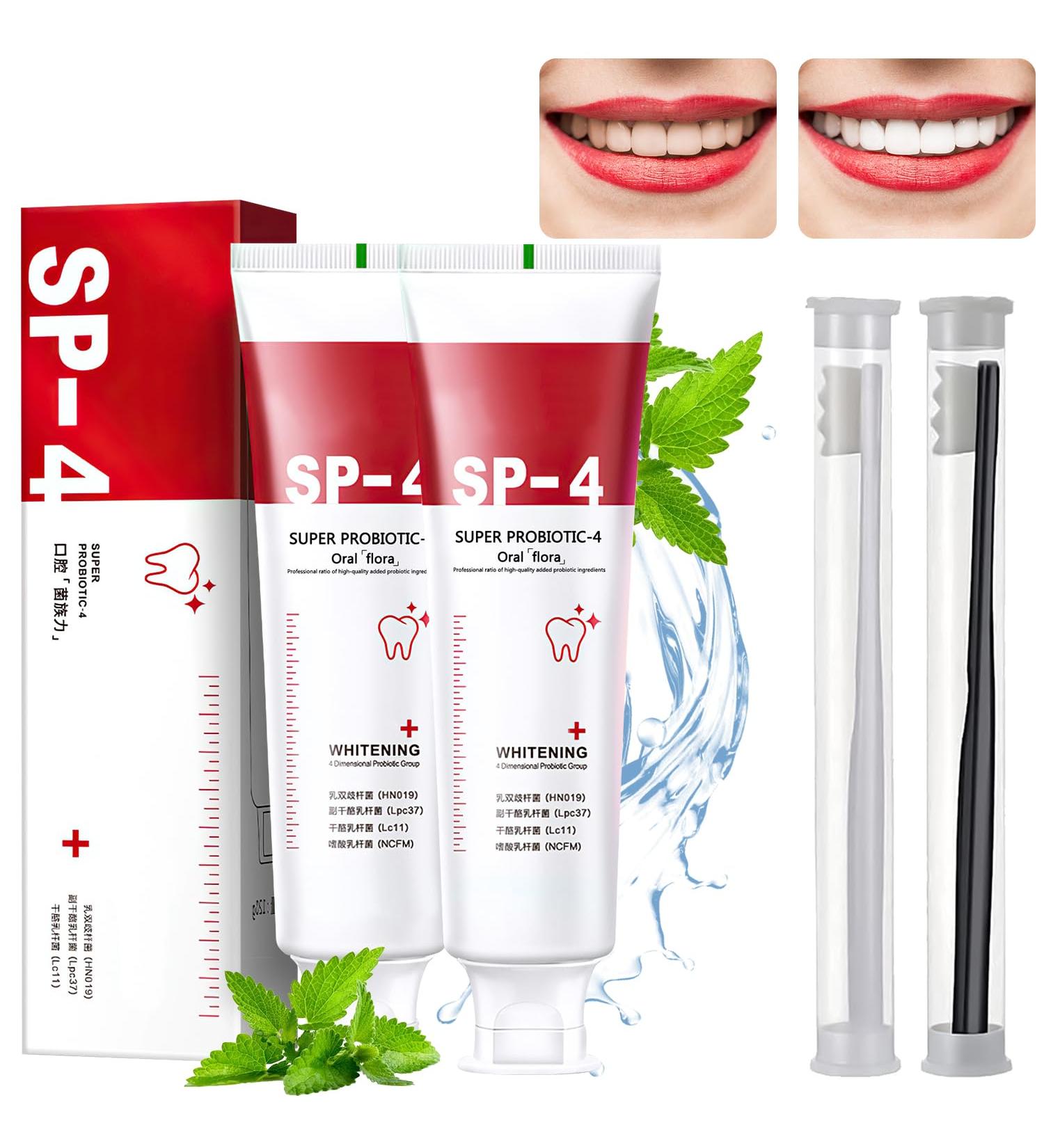SP-4 Probiotic Whitening Toothpaste - Fresh Breath & Stain Removal (2 Pcs + 2 Toothbrushes) | International Shipping Available - Buy Online on GoSupps.com