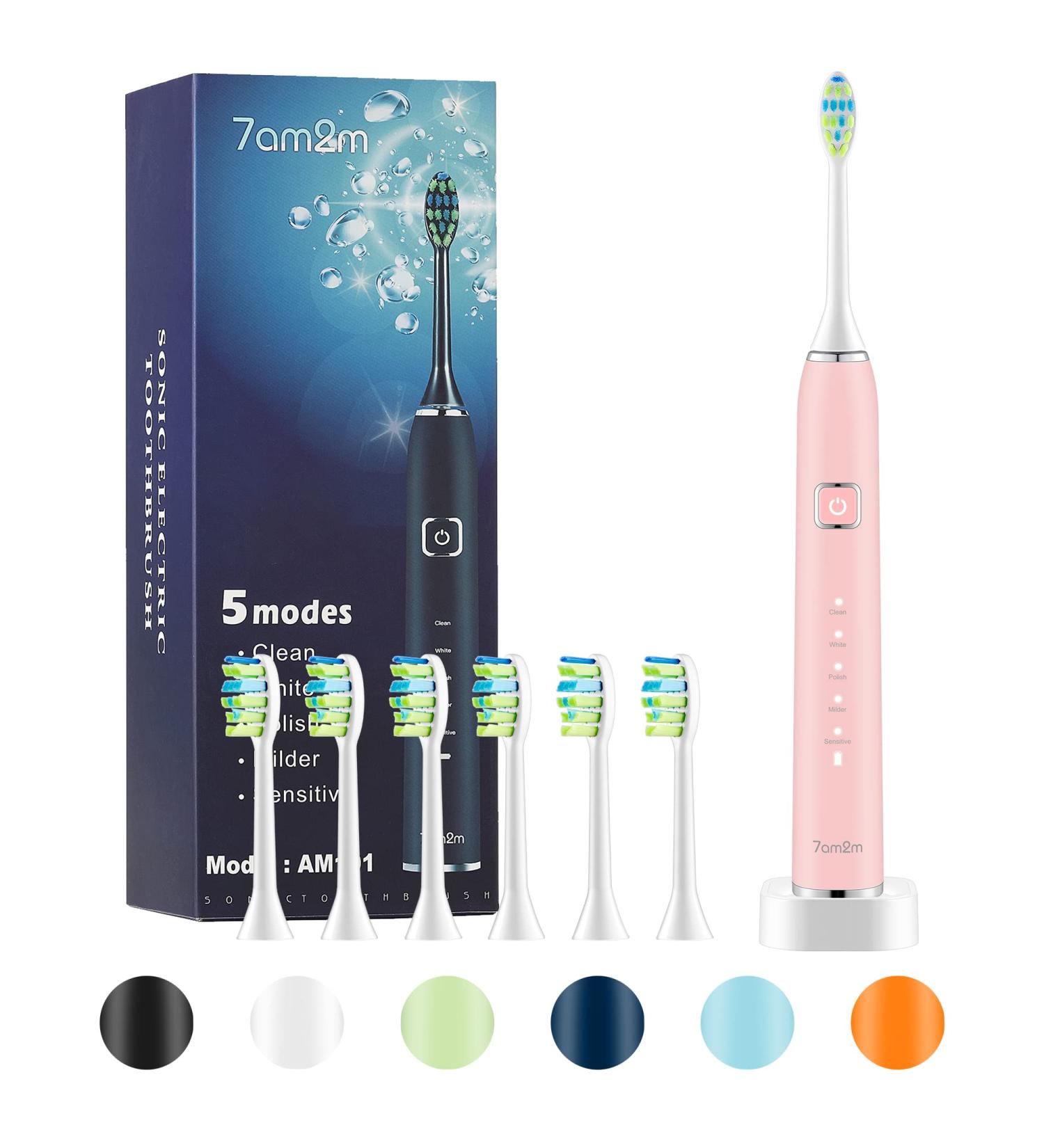 7am2m Sonic Electric Toothbrush with 6 Brush Heads for Adults and Kids Wireless Fast Charge One Charge for 60 Days 5 Modes with 2 Minutes Built in Smart Timer Electric Toothbrushes(Pink) No Travel Case Pink - Buy Online on GoSupps.com