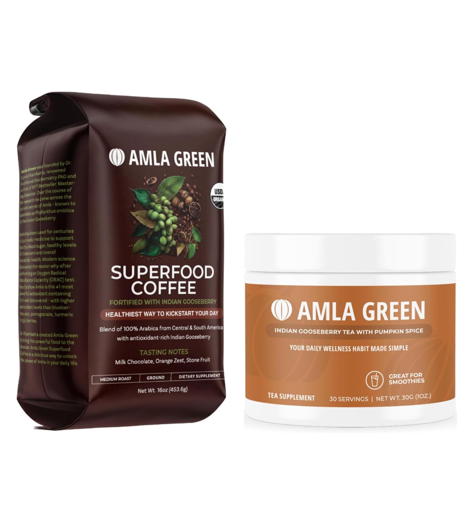 Amla Green Organic Ground Superfood Coffee and Amla Powder Superfood Supplement with Pumpkin Spice 20x Ultra Concentrated Amla - Buy Online on GoSupps.com