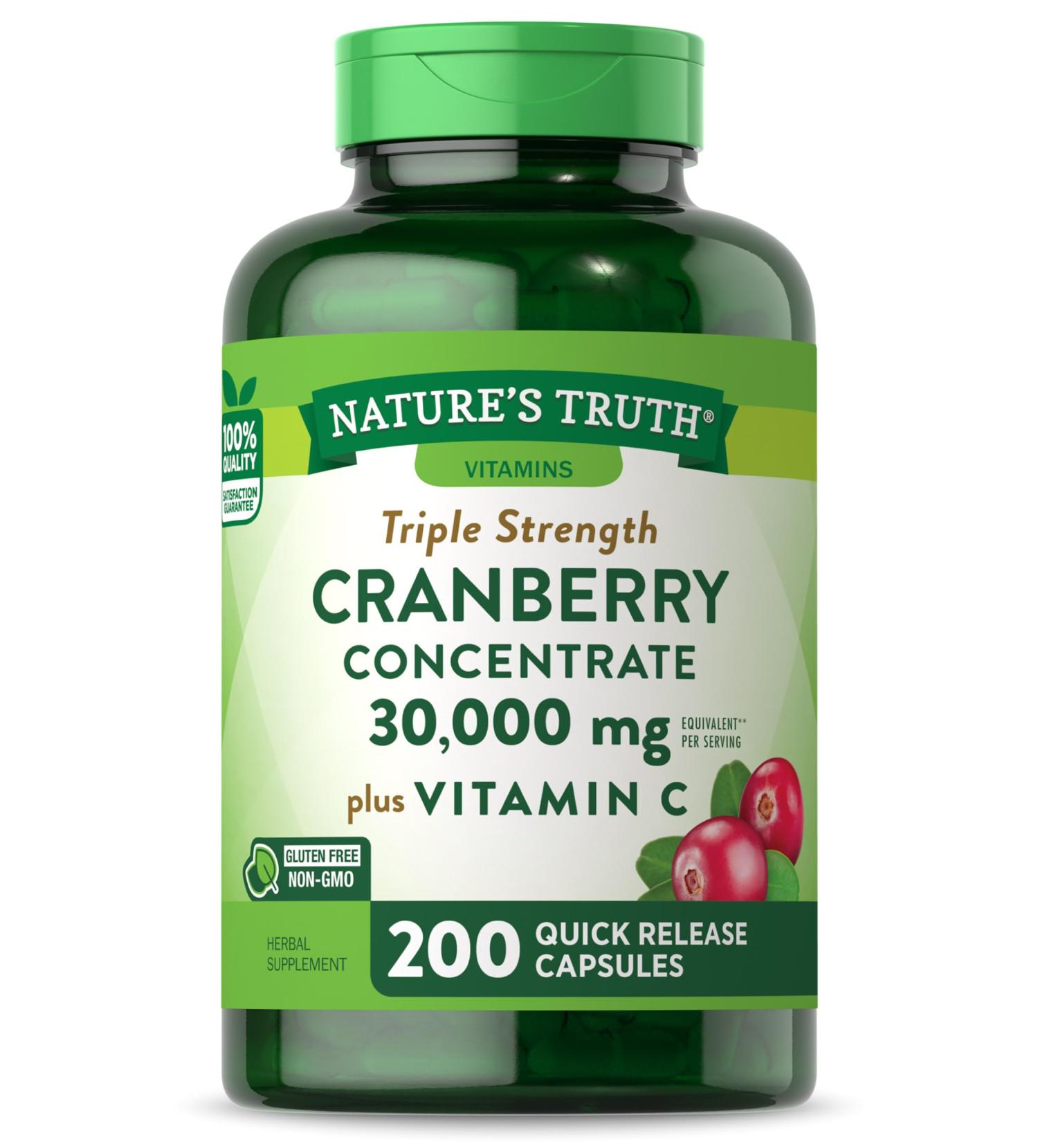 Nature's Truth Cranberry Concentrate + Vitamin C 30,000mg | 200 Capsules | Non-GMO & Gluten-Free - Buy Online on GoSupps.com