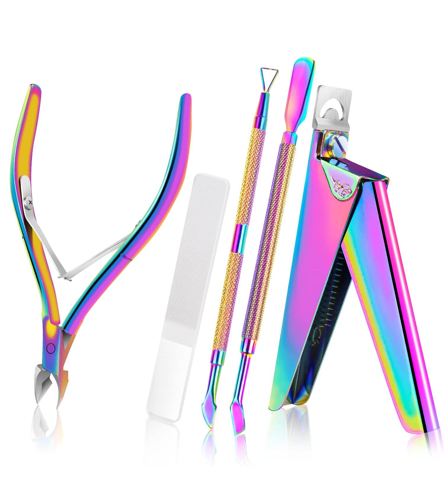 Acrylic Nail Clipper 5 in 1 Kit with Glass Nail File - Professional Manicure Pedicure Tools for Finger Toe Nails - Rainbow - Buy Online on GoSupps.com