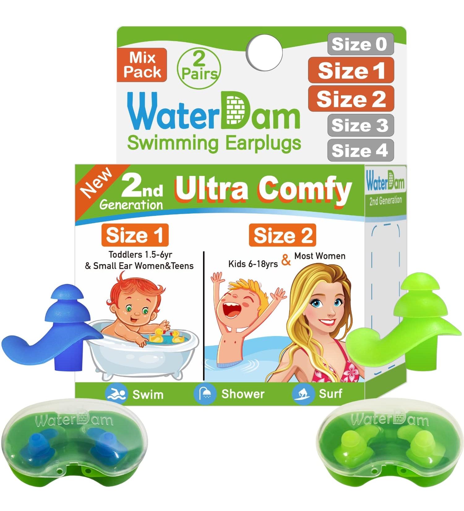 WaterDam Swimming Ear Plugs - Waterproof & Comfortable Earplugs for Swimmer's Ear Prevention (Size 1+2 for Toddlers & Small/Medium for Women, Kids, Teens) - Blue/Green - Buy Online on GoSupps.com