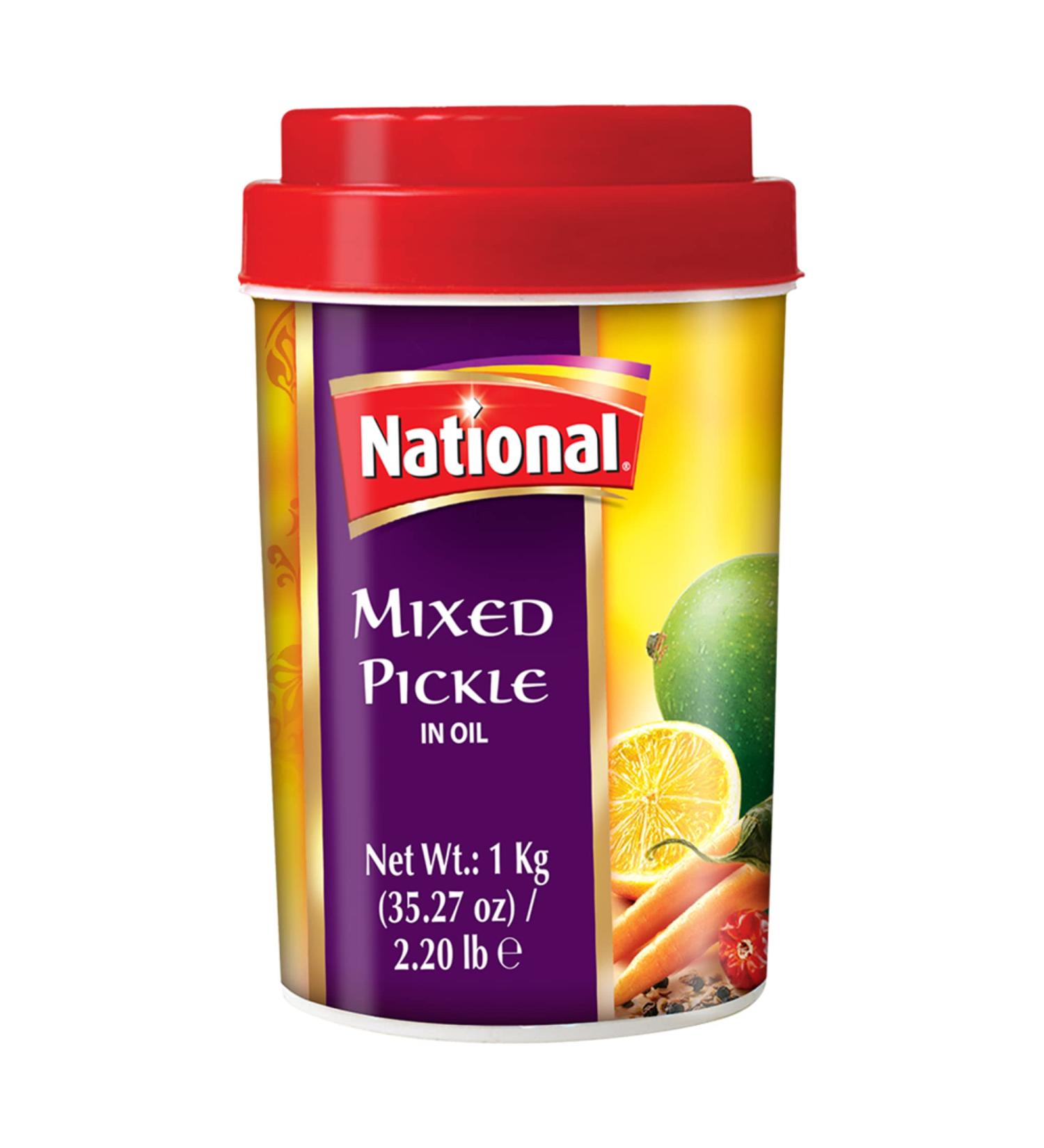 National Foods Mixed Pickle 35.27 oz (1000g) Sour & Spicy Traditional South Asian Relish | Zesty & Tangy Achaar | Plastic Jar Mixed (1000g) 1 kg (Pack of 1) - Buy Online on GoSupps.com