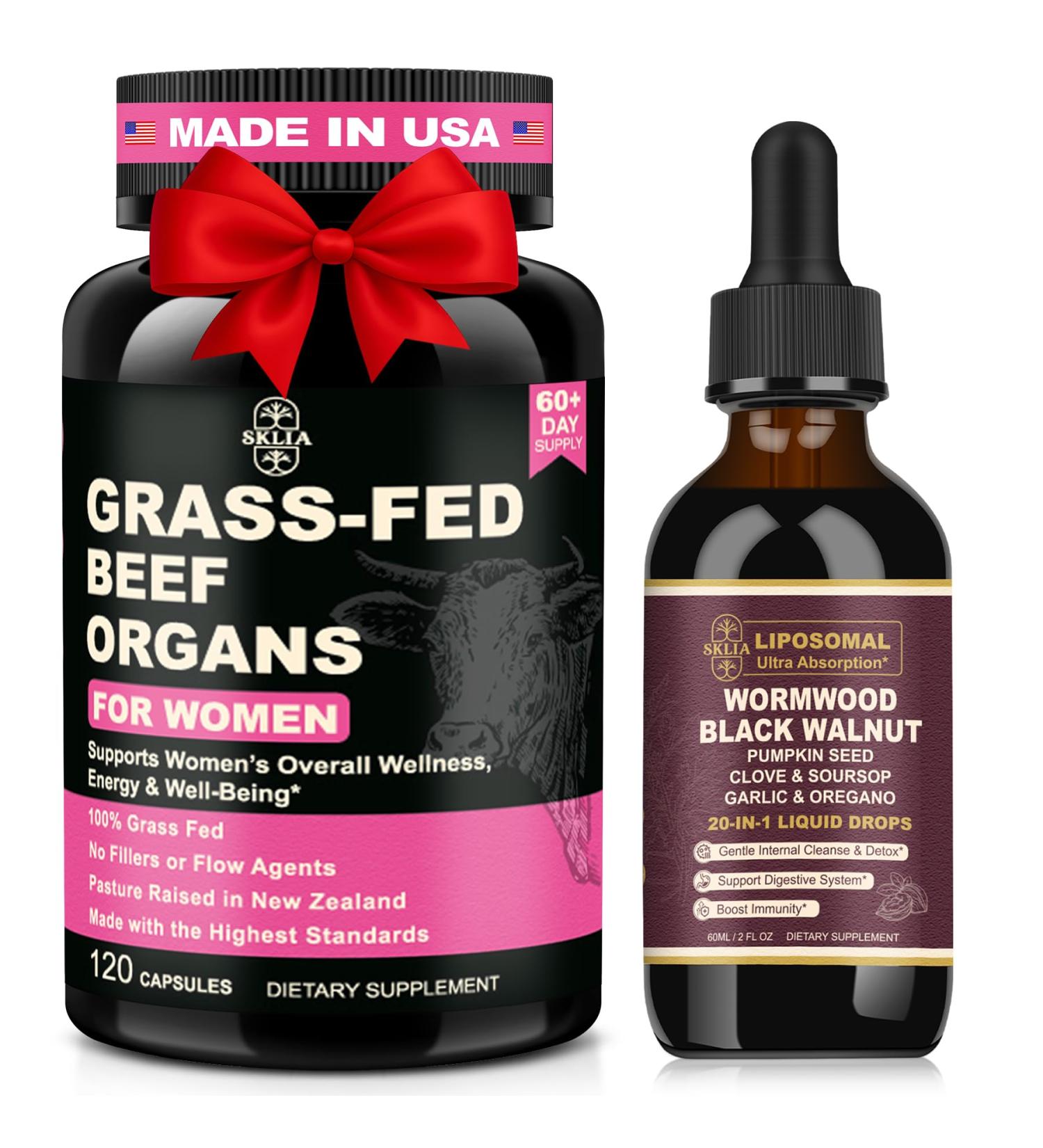 SKLIA Beef Organ Supplement for Women + 20-in-1 Liposomal Wormwood Black Walnut Cleanse Drops Bundle | Grass-Fed Beef Organs Capsules & Herbal Liquid Drops - Buy Online on GoSupps.com
