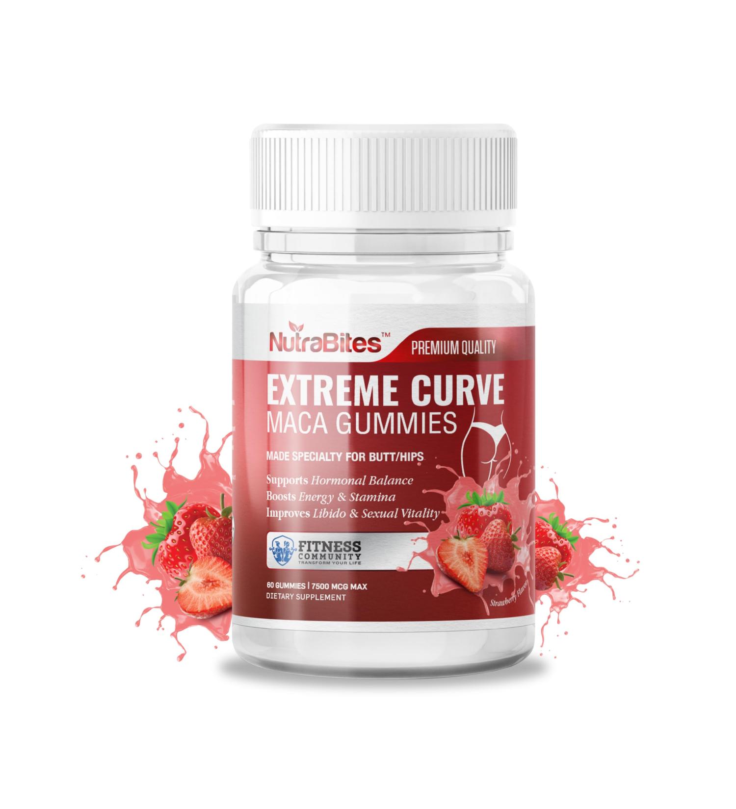 NutraBites Extreme Curve Maca Gummies - Natural Body Shaping & Hormonal Balance - 7500mg Complex with Fenugreek Dong Quai & Tribulus - Supports Mood Energy & Vitality - Vegan Strawberry (60 Count) - Buy Online on GoSupps.com