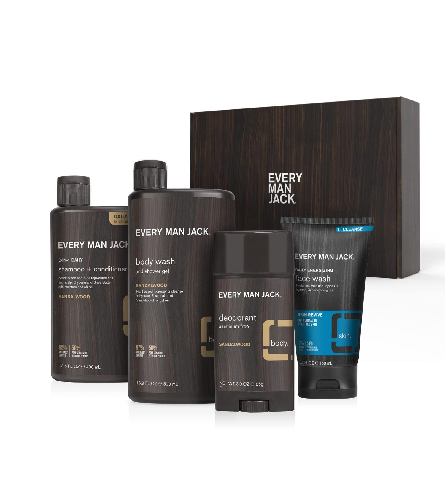 Every Man Jack Sandalwood Body Set - Clean & Gentlemanly Bath Set for Men - Body Wash, 2-in-1 Shampoo, Deodorant & Face Wash - Buy Online on GoSupps.com
