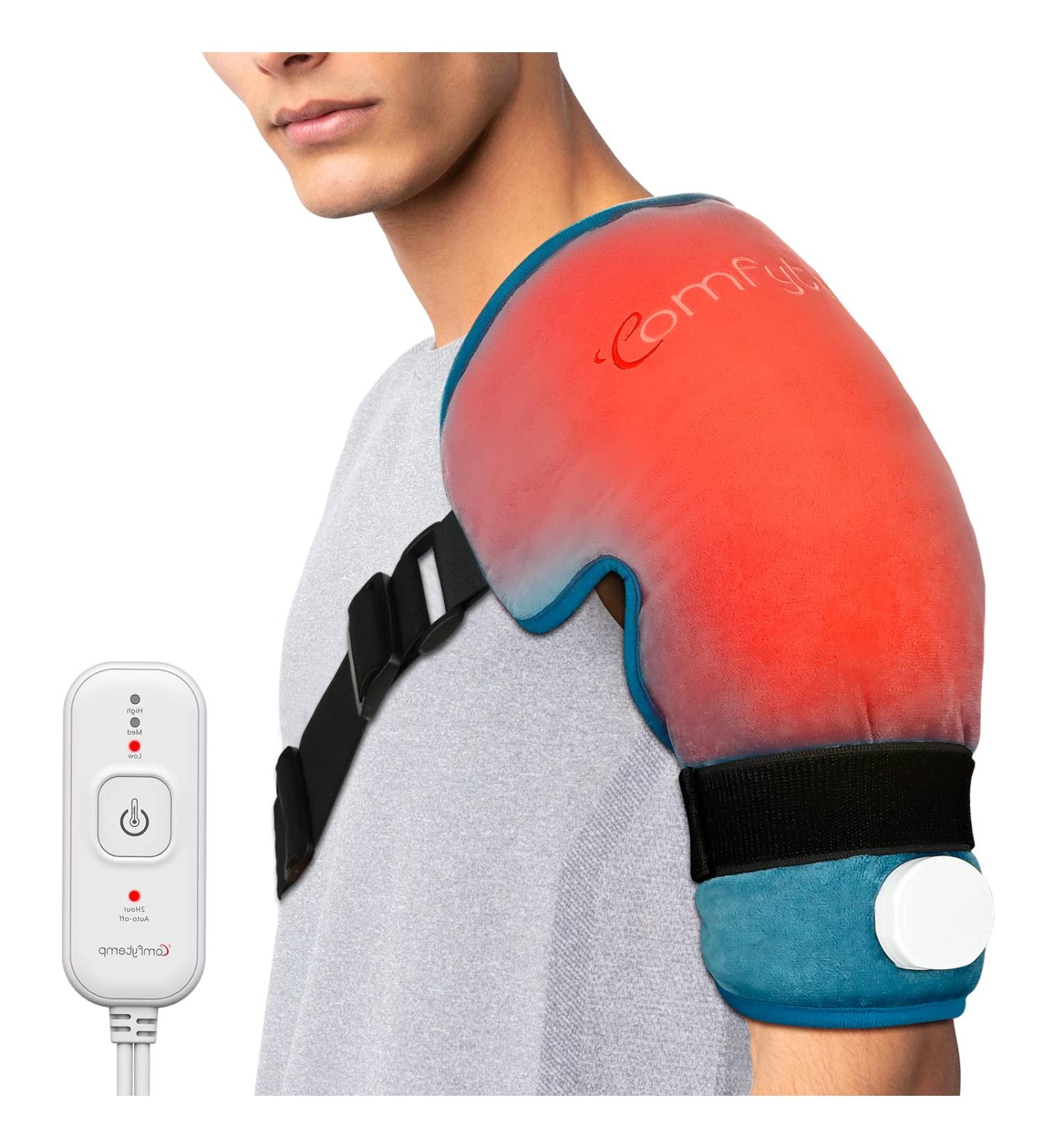 Comfytemp Shoulder Heating Pad for Rotator Cuff Pain Relief - 3 Heat Settings, Auto-Off Feature - Heated Shoulder Brace for Frozen Shoulder - Blue/Green - Buy Online on GoSupps.com