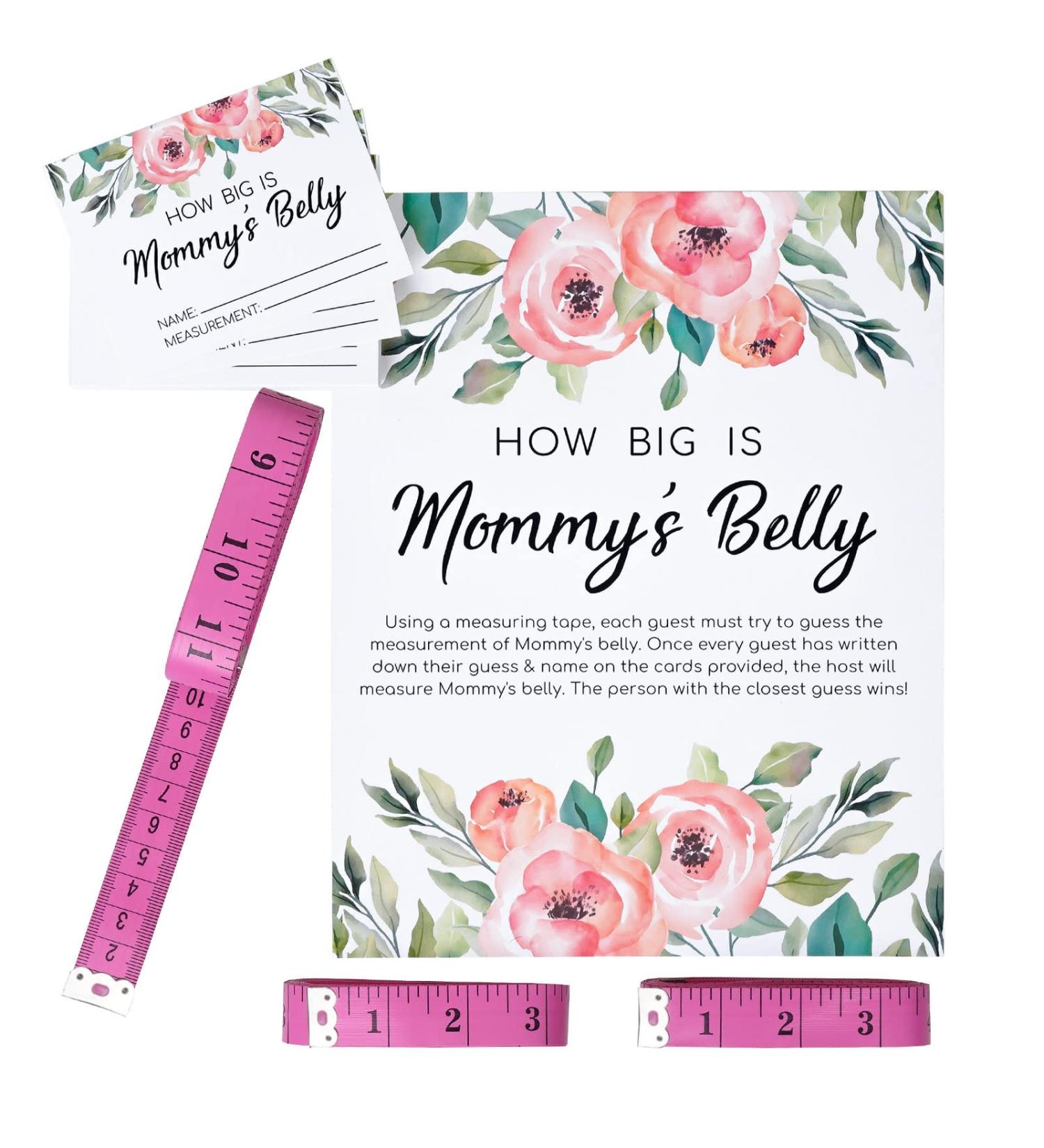 Baby Shower Measure Belly Game Set - 34 PCS Pink | How Big is Mommy's Belly | Includes 30 Guessing Cards, 3 Measuring Tapes, and Game Sign with Stand - Buy Online on GoSupps.com
