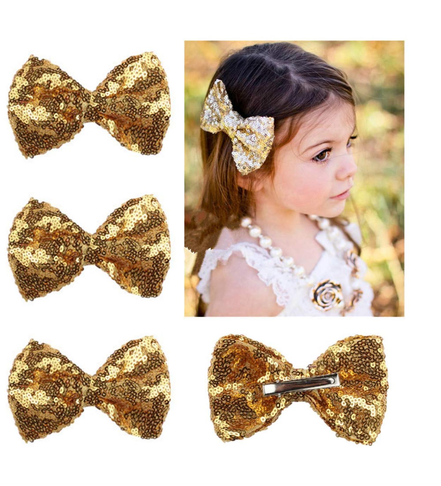 4 Pack Gold Glitter Sequins Bow Hair Clips for Girls - Perfect for Cheer, Dance, Recitals, Birthdays, and Parties - Buy Online on GoSupps.com