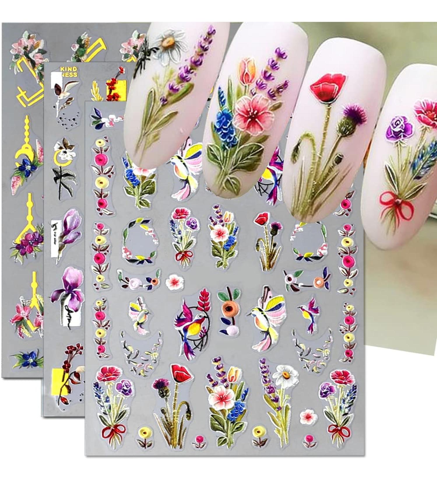 Dornail 5D Embossed Bronzing Nail Stickers - Spring Floral Decals for Women Manicure - Colorful Flower & Bird Nail Art Accessories - Buy Online on GoSupps.com