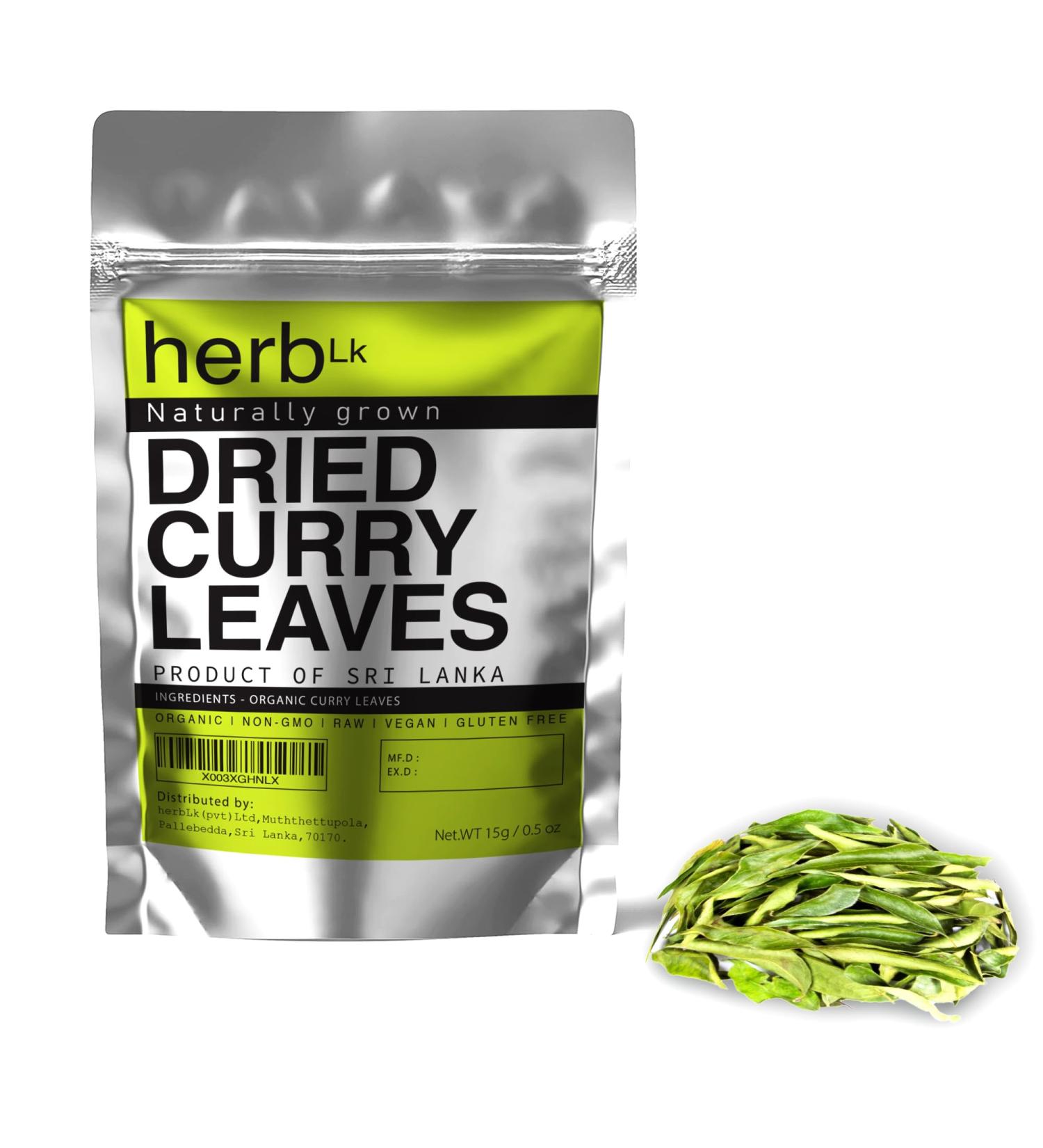 HerbLk Dried Curry Leaves (0.5 Oz / 15g) Naturally Grown 300+ Leaves Ceylon Spices Food Organic Dried Kari Patta Aromatic Flavors USDA Non-GMO No Additives No Gluten Vegan From Sri Lanka - Buy Online on GoSupps.com
