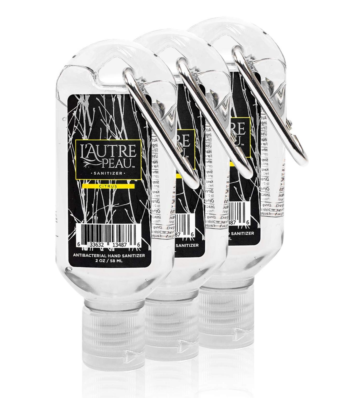 L'Autre Peau Travel Hand Sanitizer Gel - Citrus Scented, Alcohol-based with Aloe Vera & Vitamin E - 2oz 3 Pack with Carabiner Clip - Buy Online on GoSupps.com