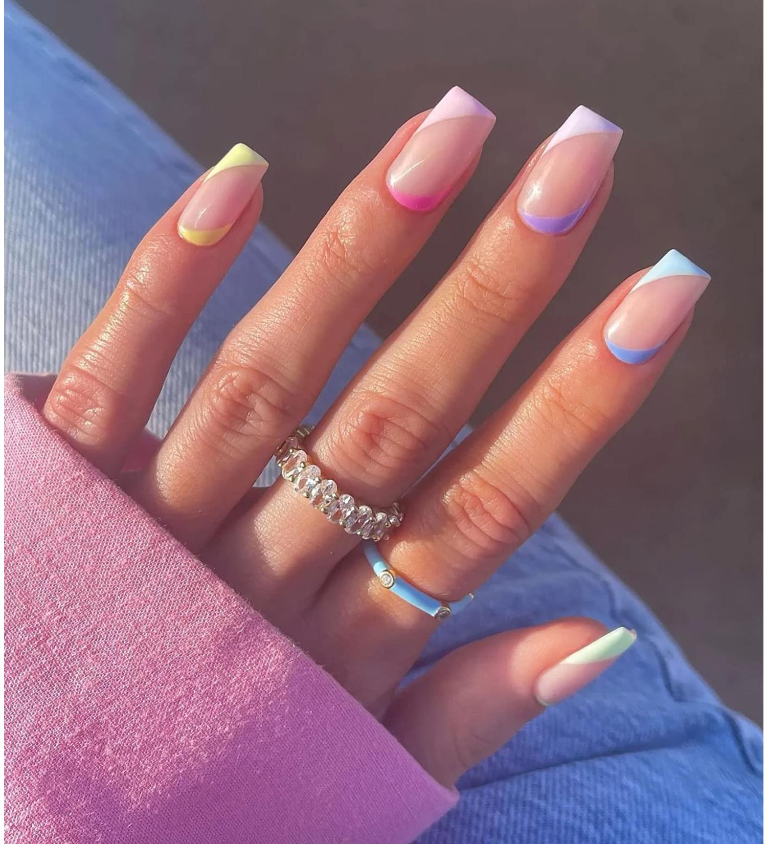 Hzacye 24 Pcs Short Press on Nails - Colorful French Design with Glossy Finish | Fake Nails for Women and Girls - Buy Online on GoSupps.com