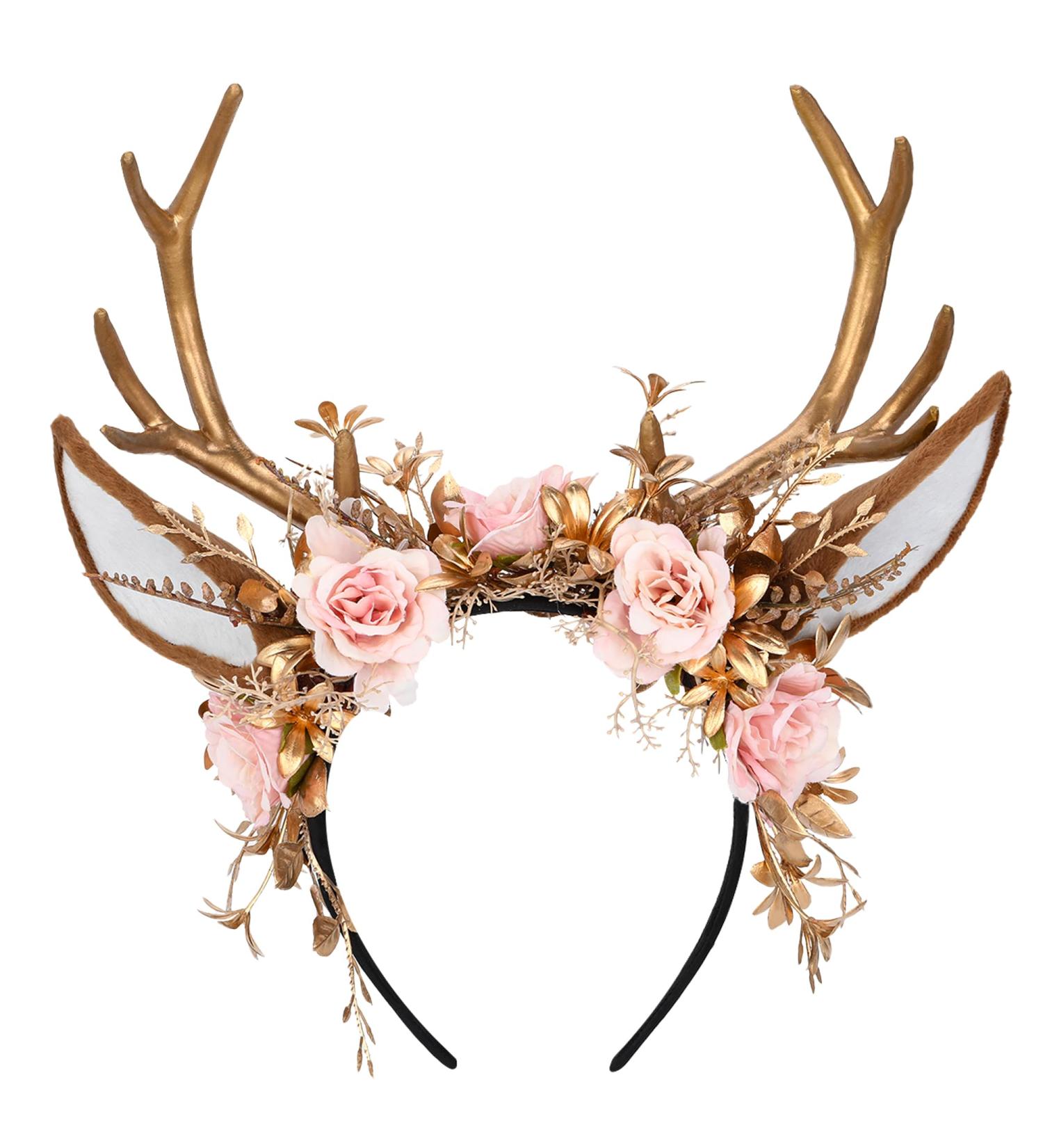 MOSTORY Handmade Gold Flower Antler Headband - Woodland Floral Reindeer Headpiece with Deer Ears Forest Fairy Hairband for Women Renaissance Halloween Cosplay Prom Photo Shoot Pink Rose - Buy Online on GoSupps.com