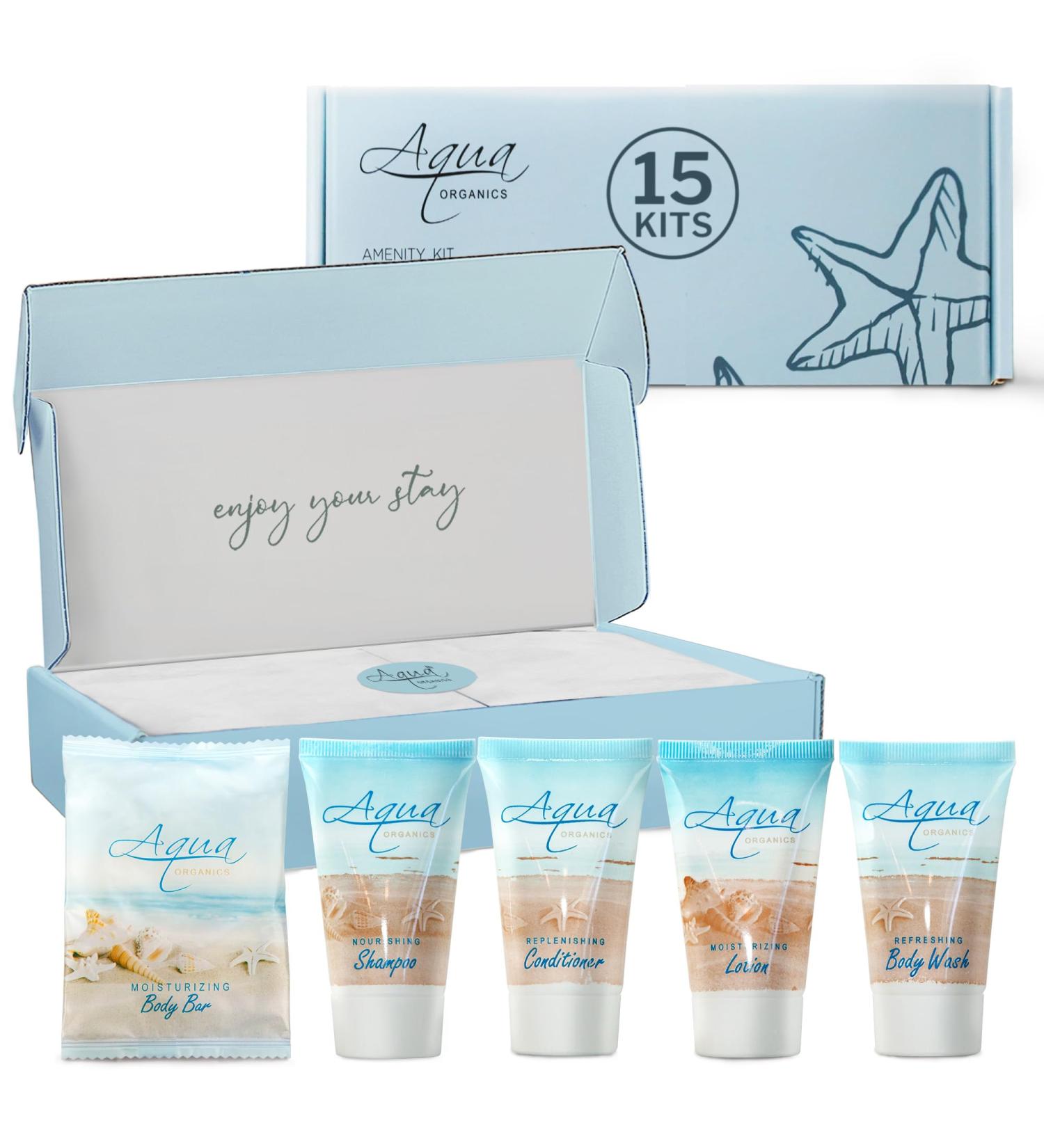 Shoppe All-in-Kit | Aqua Organics 75-Piece Amenity Kit | Bulk 1oz Travel Size Toiletries for Hotels AirBnBs & Vacation Rentals - Buy Online on GoSupps.com