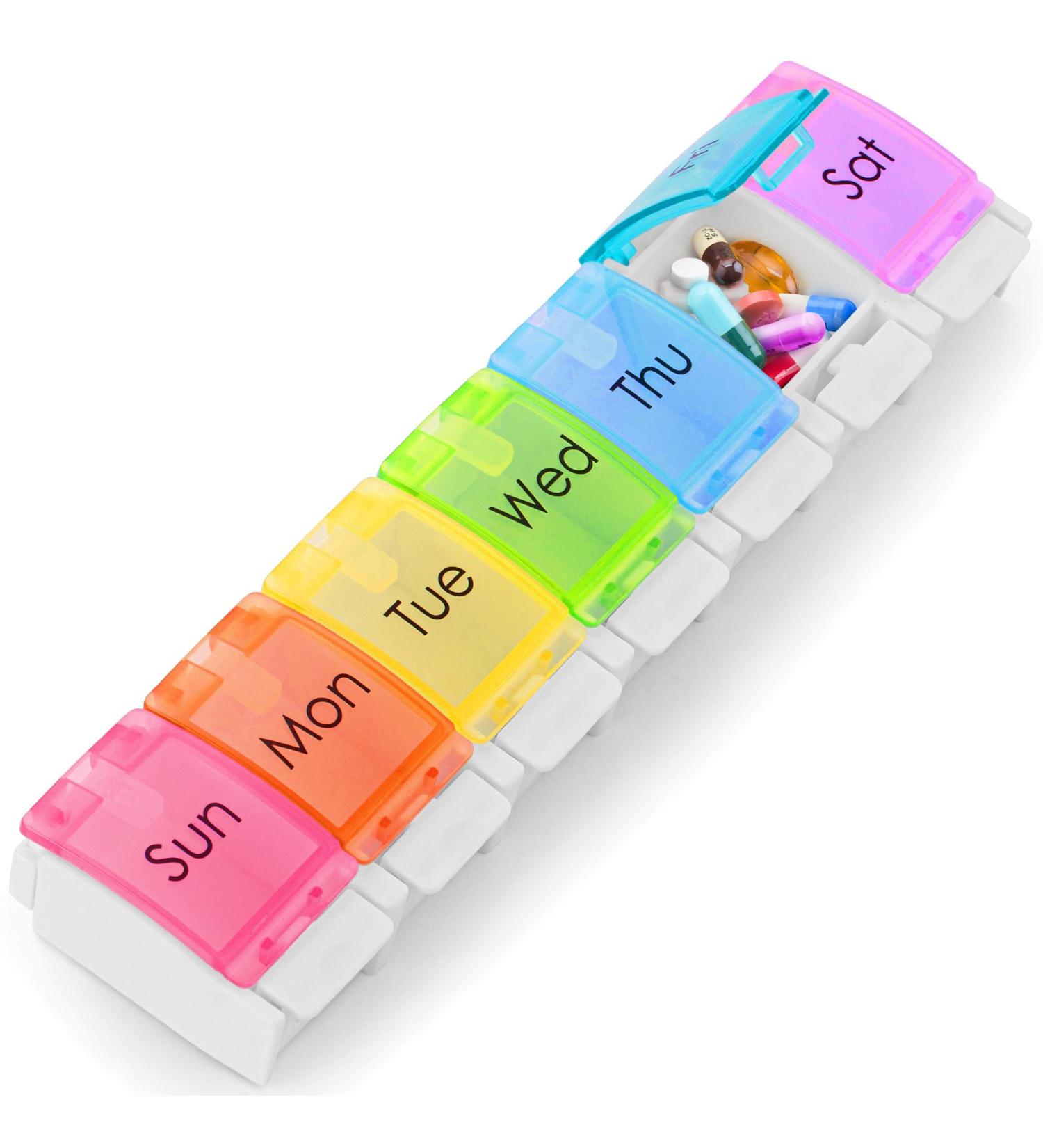 BoxSIK Weekly Pill Organizer - Premium 7 Compartment Tablet Box for Vitamins & Supplements - Travel Friendly Food-Grade Rainbow Colors - Buy Online on GoSupps.com