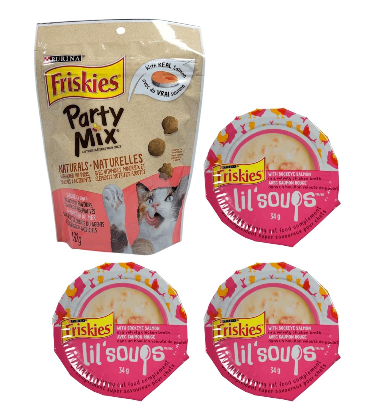 Friskies Party Mix Natural Seaside Crunch Cat Treats & Lil' Soups Wet Cat Food Complements Sockeye Salmon & Chicken Broth (4-Pack Variety) - Buy Online on GoSupps.com