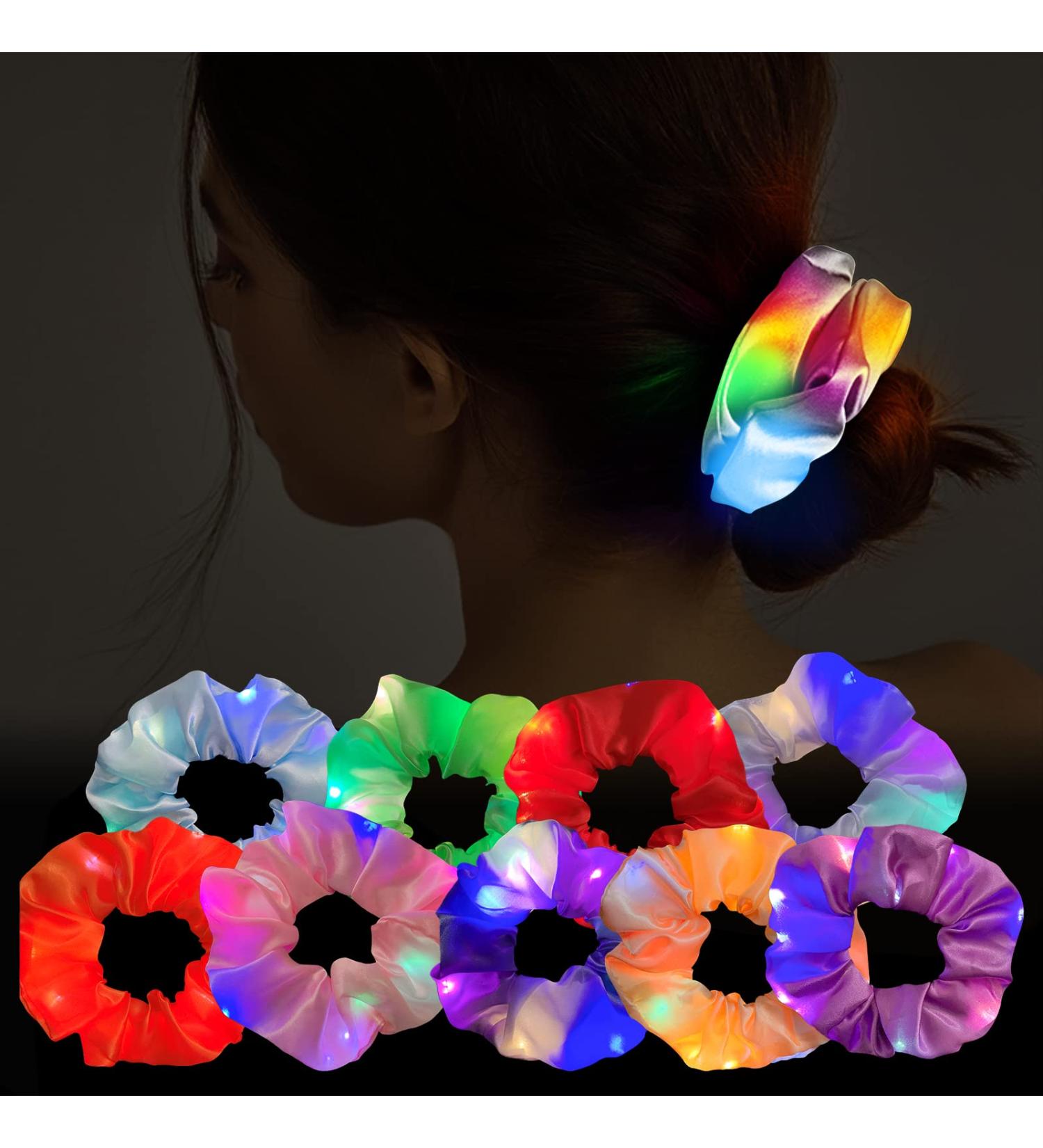 9 Pcs LED Light Hair Scrunchies with 3 Colors Light Modes - Soft Silk Hair Accessories for Women and Girls - Perfect for Halloween, Christmas, Glow in The Dark Parties - Buy Online on GoSupps.com