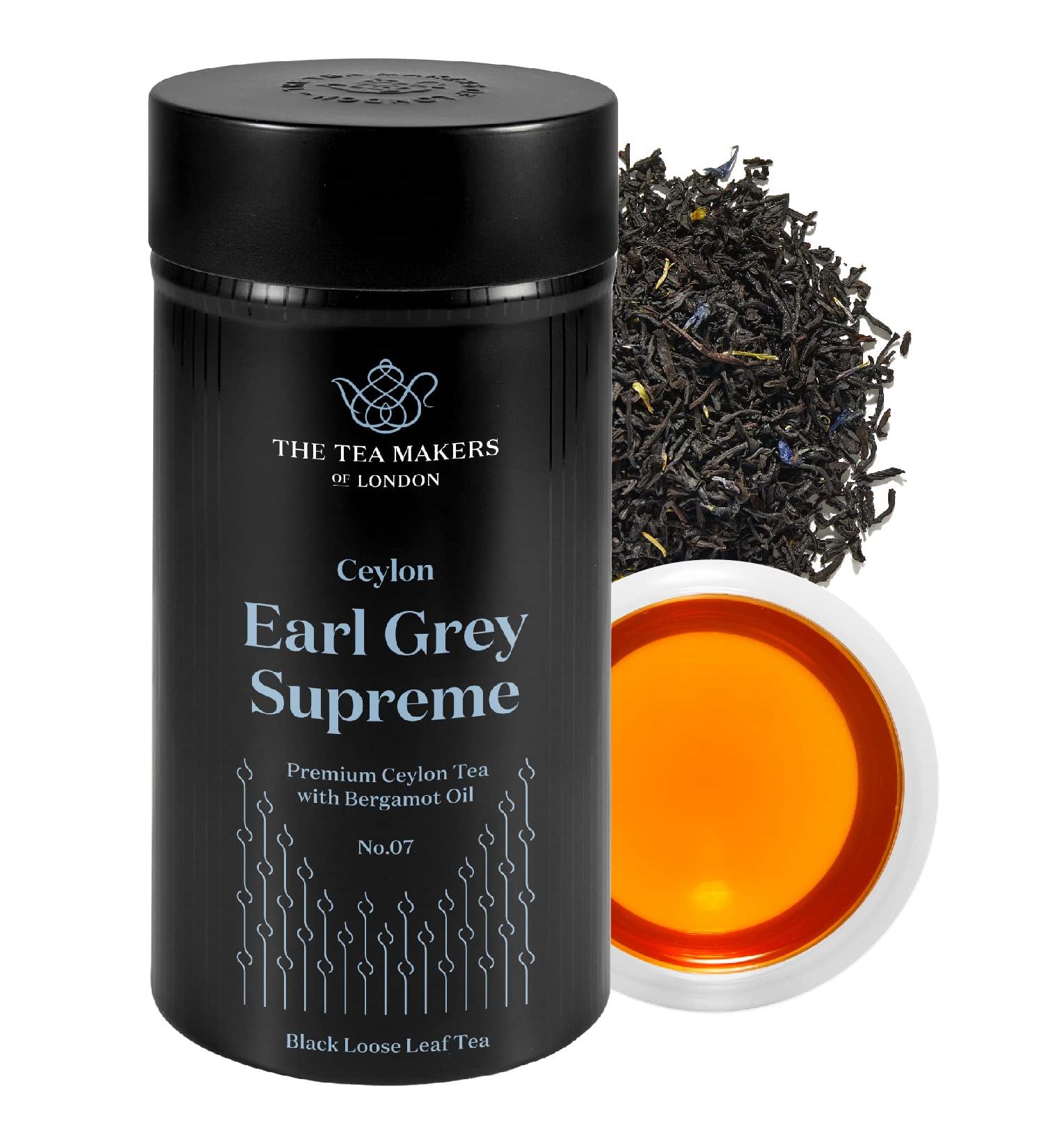 Supreme Earl Grey Tea Loose Leaf - Natural Blend of Sri Lankan Black Tea Bergamot Extract & Blue Cornflowers - Rich Citrusy & Floral Notes - Easy to Brew Earl Grey Tea by The Tea Makers of London 125g Caddy - Buy Online on GoSupps.com