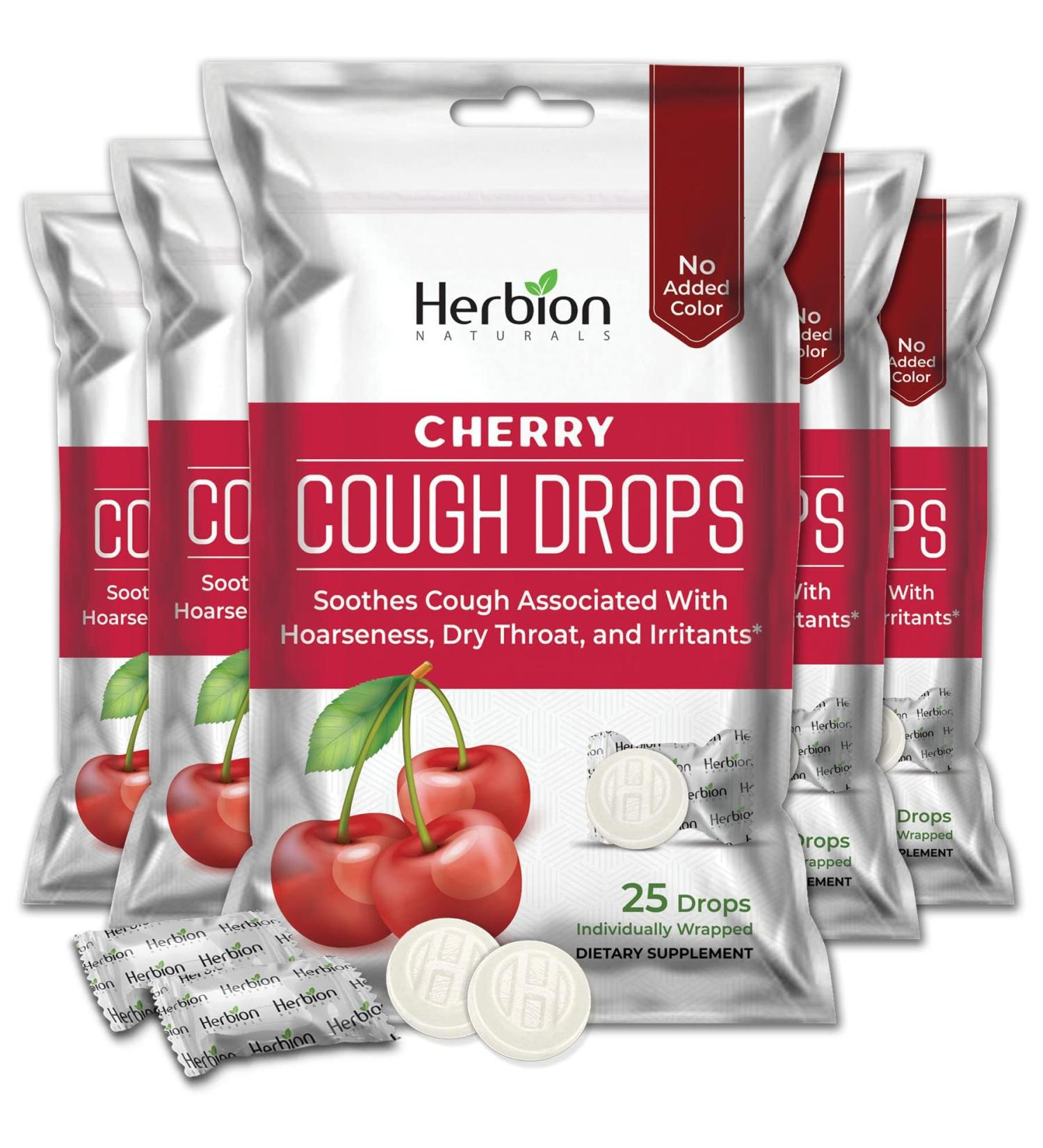 HERBION Naturals Cough Drops with Natural Cherry Flavor Dietary Supplement Soothes Cough for Adults and Children Over 6 Years 25 Drops No Artificial Flavor 125 Lozenges Pack of 5 - Buy Online on GoSupps.com
