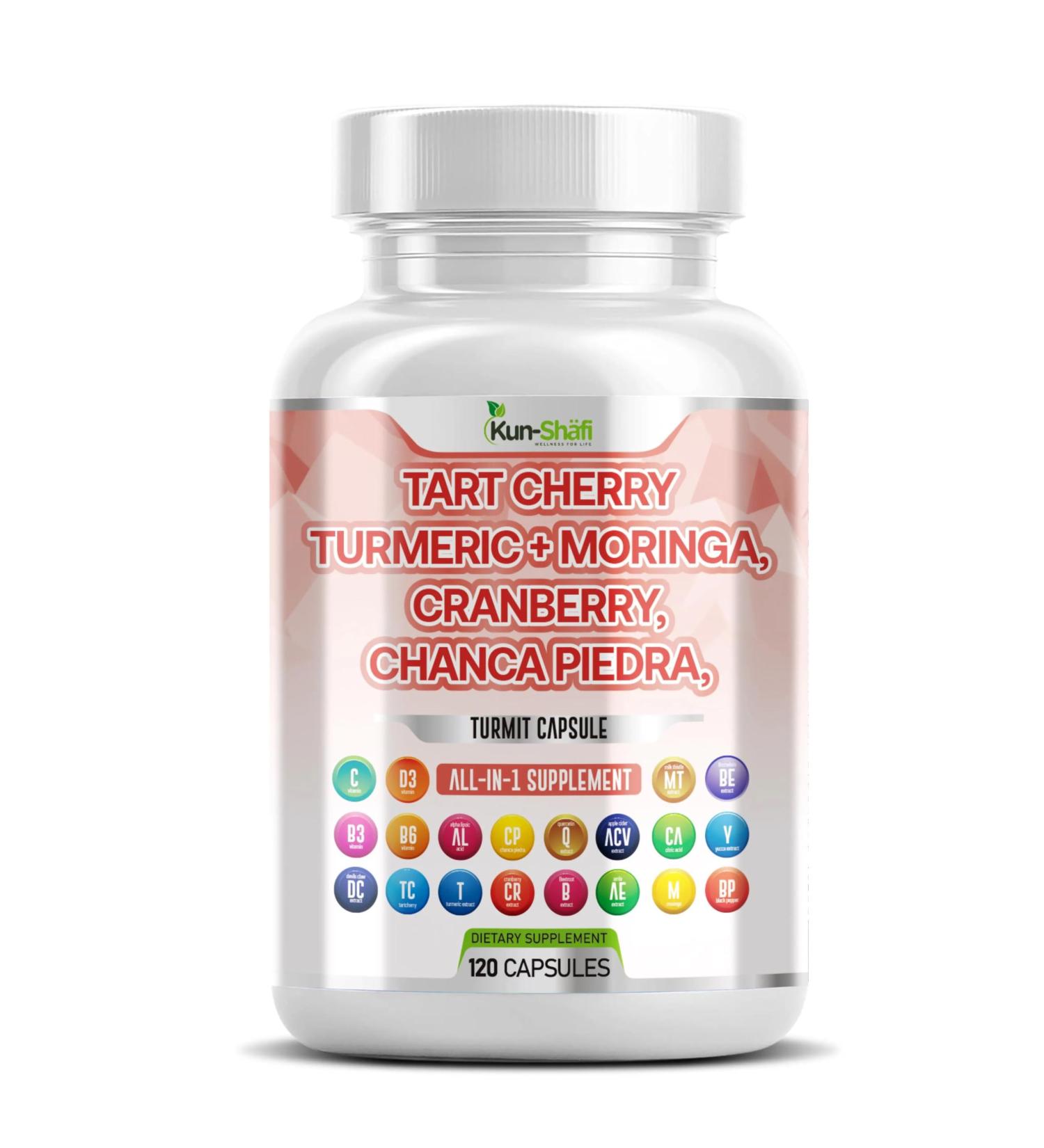 Kun Shafi Tart Cherry Extract Capsules 20,000mg with Turmeric 8000mg Moringa 4000mg Cranberry 2000mg Chanca Piedra Celery Quercetin ACV Pomegranate L Selenomethionine - Uric Levels - 120 Ct - Buy Online on GoSupps.com
