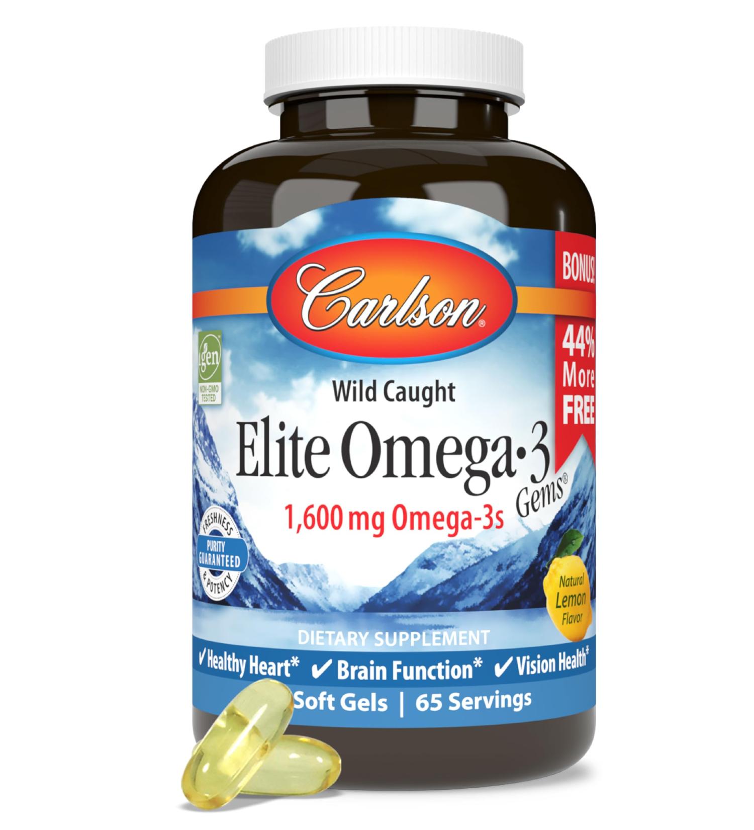 Carlson - Elite Omega-3 Gems 1600 mg Omega-3 Fatty Acids Including EPA and DHA Norwegian Wild-Caught Fish Oil Supplement Sustainably Sourced Omega 3 Fish Oil Capsules Lemon 130 Softgels 130 Count (Pack of 1) - Buy Online on GoSupps.com