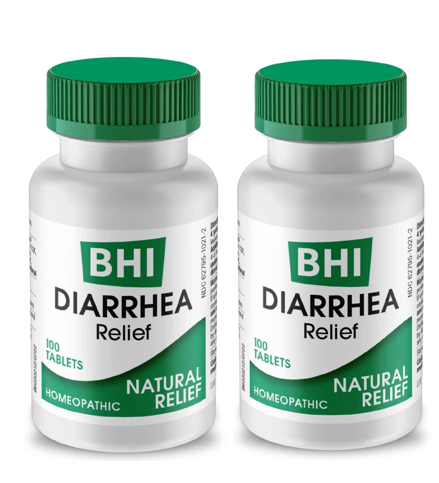 BHI Diarrhea Relief Fast-Acting Natural Remedy for Mild Diarrhea - 8 Soothing Homeopathic Actives Help Calm Stomach Ache Gas & Cramps for Women & Men - 100 Tablets (Pack of 2) - Buy Online on GoSupps.com