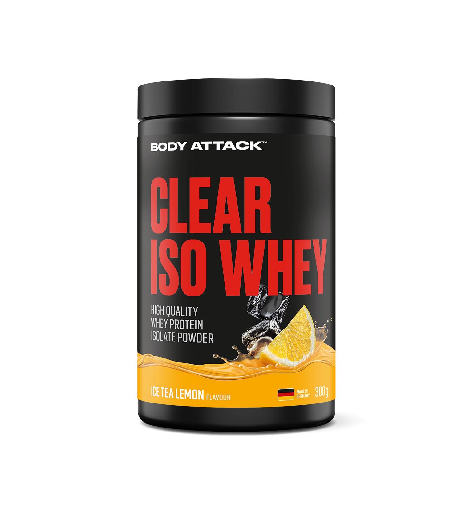 Body Attack Clear Iso Whey Ice Tea Lemon 300 g Fabriqu en Allemagne Isolat rafra chissant et transparent de prot ines de lactos rum 24 g de prot ines et 11 400 mg d'EAA par Iso Whey Shake - Buy Online on GoSupps.com