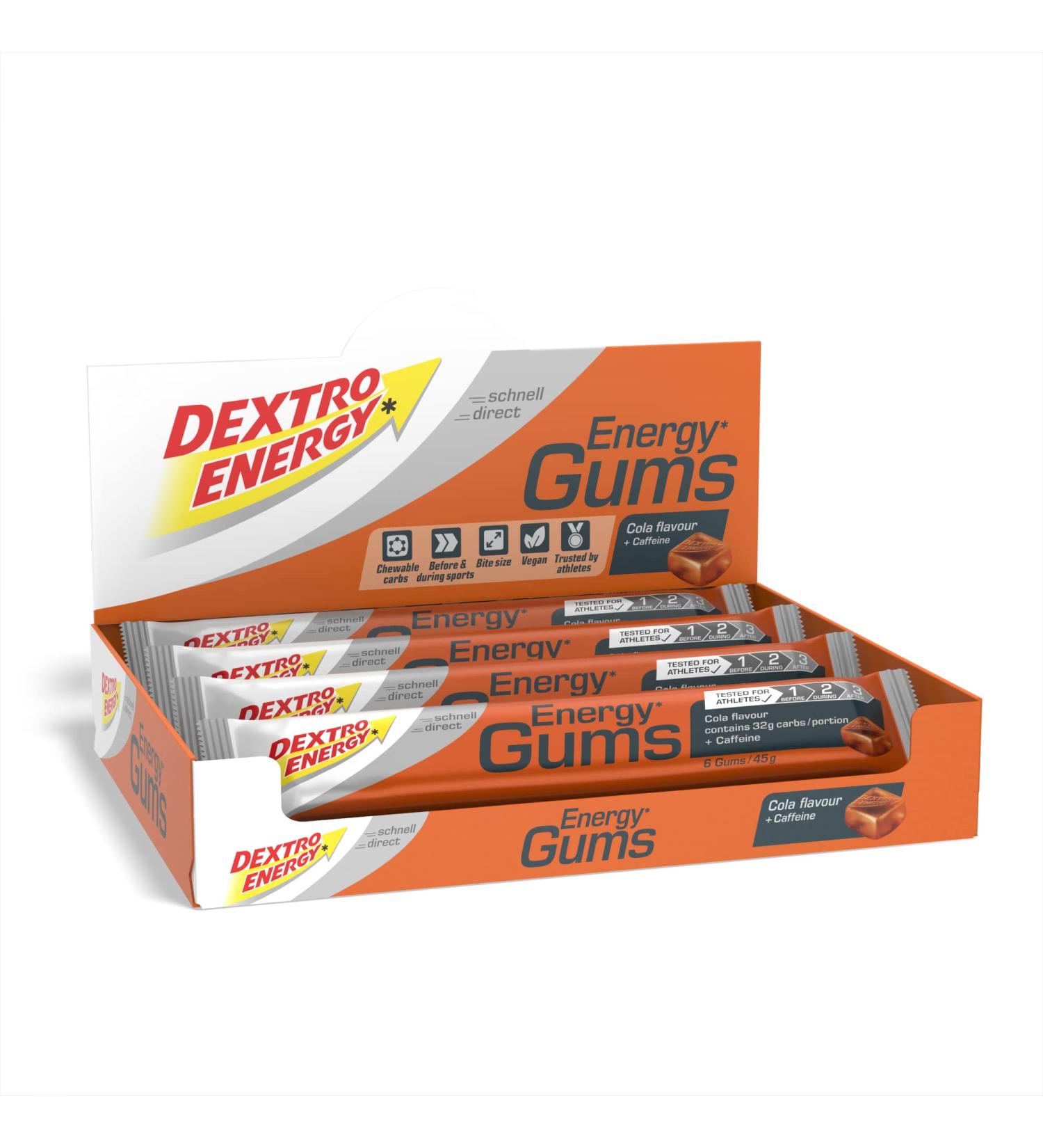 Dextro Energy Cola + Caffeine Energy Gums - Pocket Size for Active Lifestyle | Vegan | 8 x 45g - Buy Online on GoSupps.com