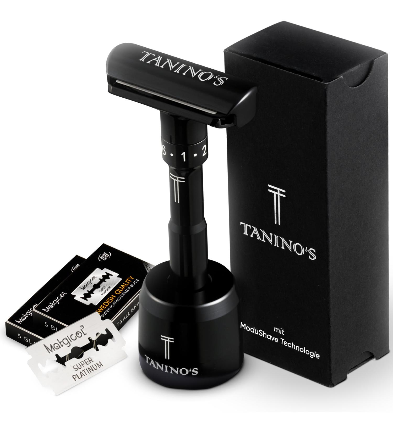Taninos Razor Plane Men Set | Adjustable Safety Razor with 10 Blades | Smooth Shave for All Skin Types | Elegant Storage Stand | Perfect Wet Razor - Buy Online on GoSupps.com