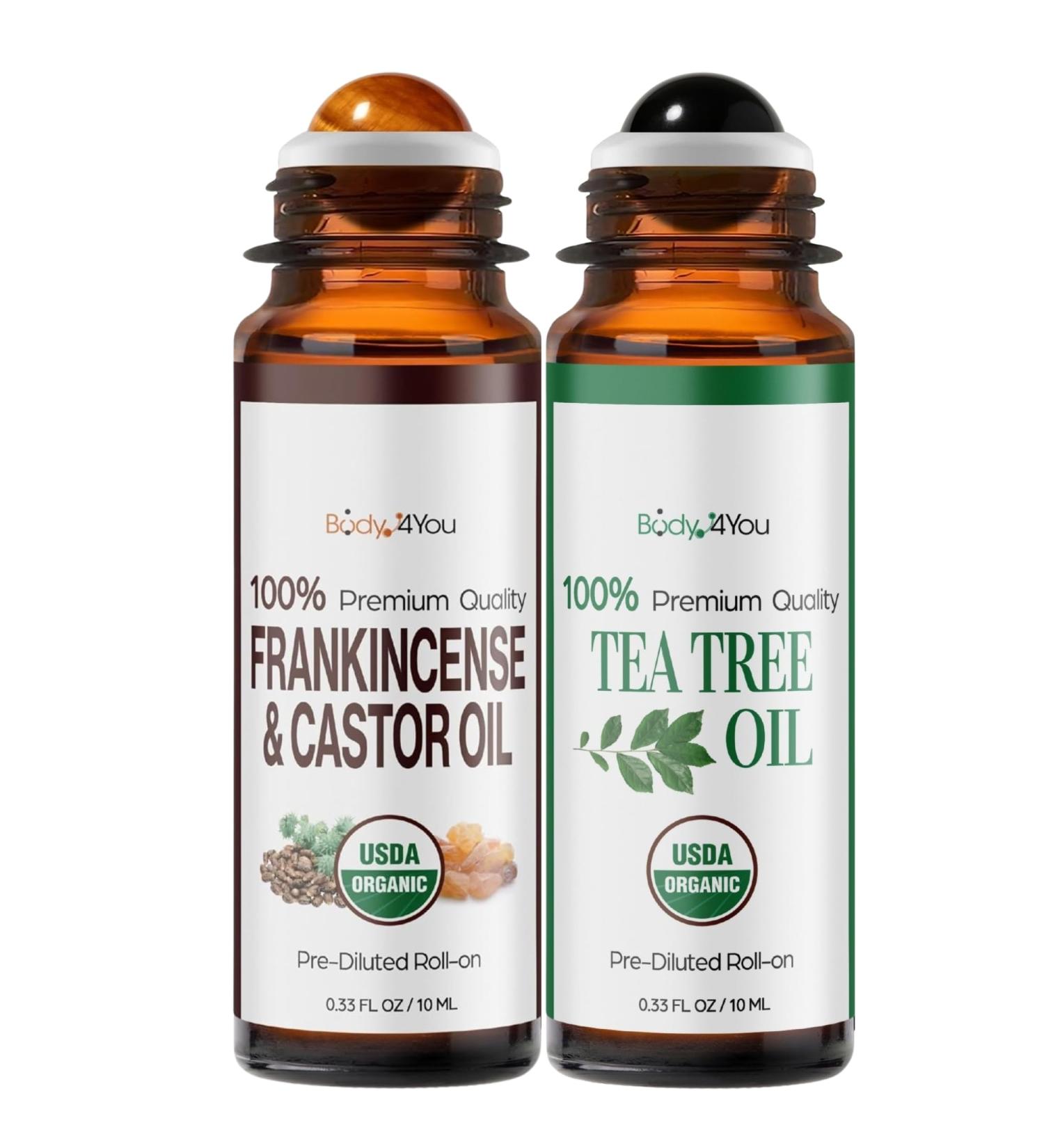 BodyJ4You Frankincense + Tea Tree Essential Oil Roll On Duo - USDA Organic Castor Oil + MCT Coconut Oil - Tigerite and Black Obsidian Stone Rollers - Pulse Point Skin Care Spots Cuticles Feet Scalp - - Buy Online on GoSupps.com