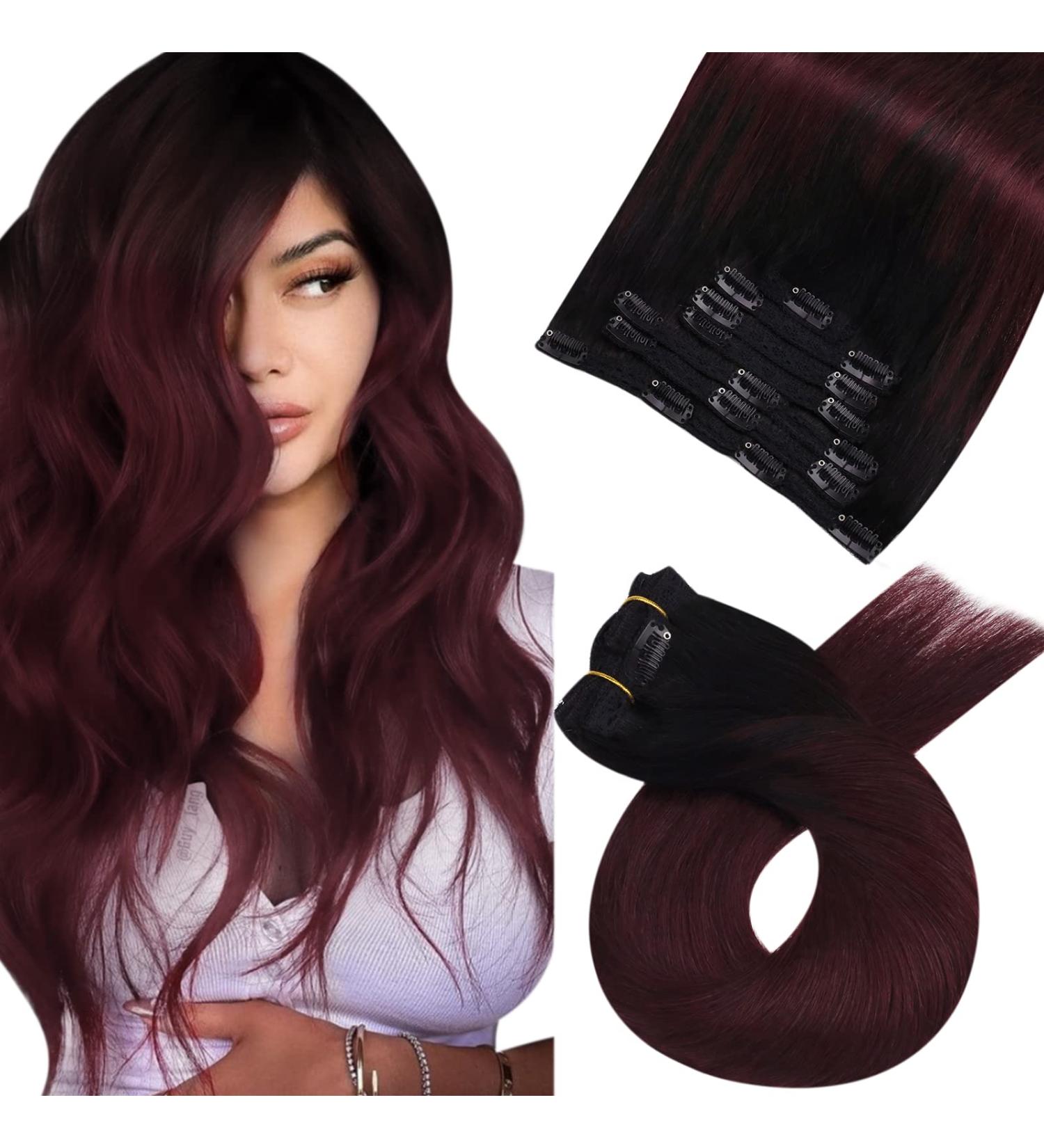 Moresoo 14 Inch Wine Red Balayage Black Ombre Clip in Hair Extensions - 5 Pcs 70g - Real Human Hair - Burgundy Red #1B/99J - Buy Online on GoSupps.com