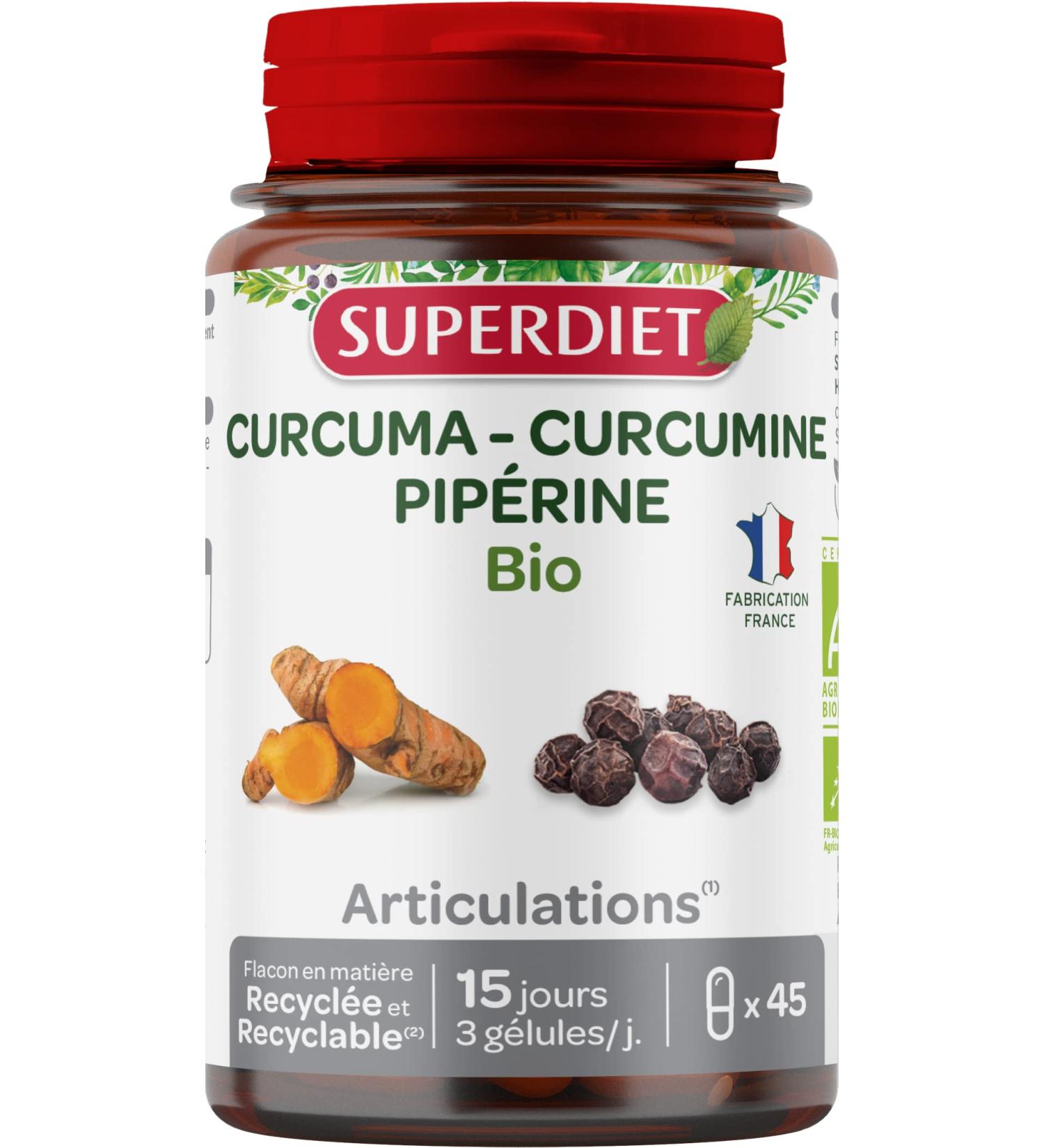 SUPERDIET - TURMERIC PIPERIN ORGANIC - Joints - Herbal medicine - Made in France - 45 capsules - Buy Online on GoSupps.com