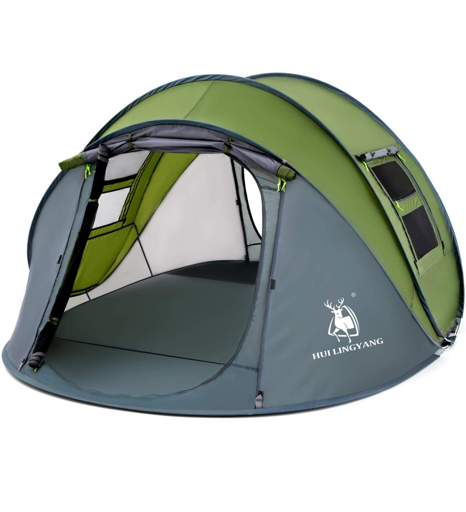 4 Person Waterproof Easy Pop Up Tent | Automatic Setup | 2 Doors | Instant Family Tents for Camping & Hiking - Green - Buy Online on GoSupps.com