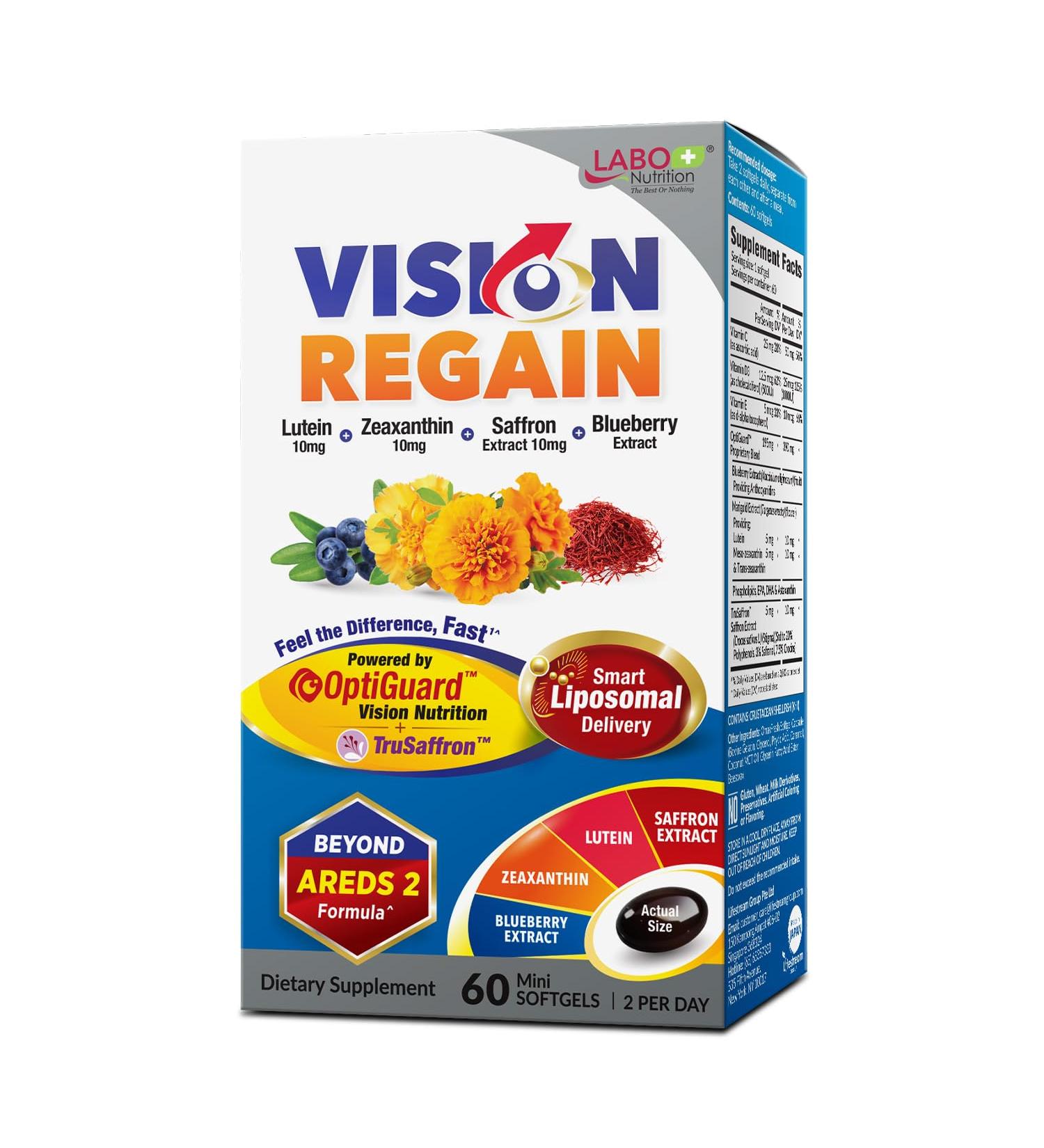 LABO Nutrition VisionREGAIN Eye Vitamin Beyond AREDS 2 Formula with Lutein Zeaxanthin Saffron Extract Blueberry for Macular and Retinal Health Eye Fatigue Night Vision Support 60 Counts - Buy Online on GoSupps.com