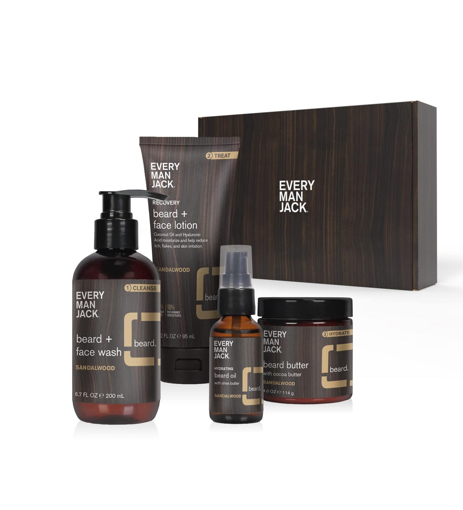 Every Man Jack Sandalwood Beard Set: Grooming Essentials for Men - Face Wash, Lotion, Oil, Butter, Comb - Sandalwood Regimen - Buy Online on GoSupps.com