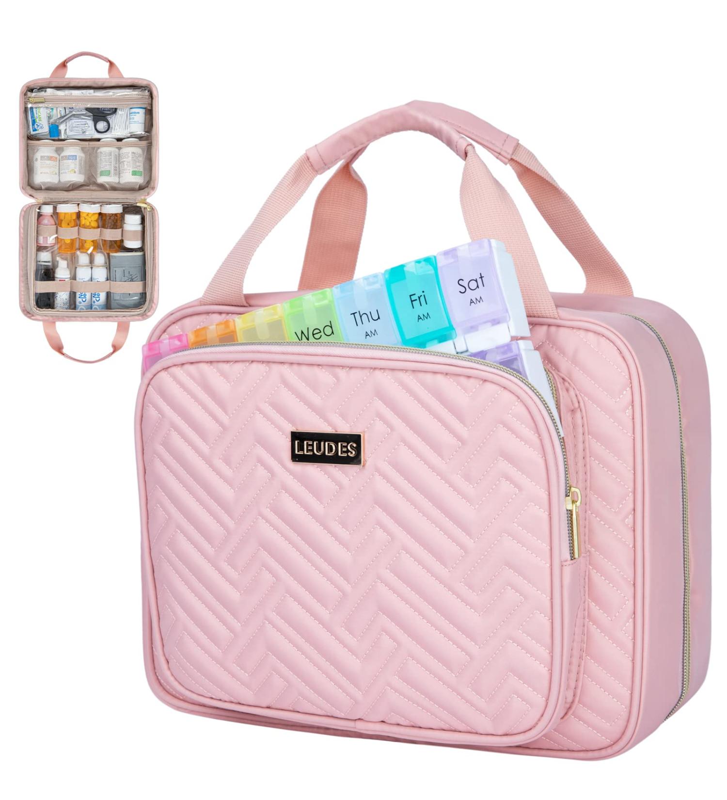 Leudes Travel Pill Bottle Organizer - Large Pink Medicine Storage Case for Home & On-the-Go - Perfect for Pills, Vitamins & Supplements for Women and Men - Buy Online on GoSupps.com