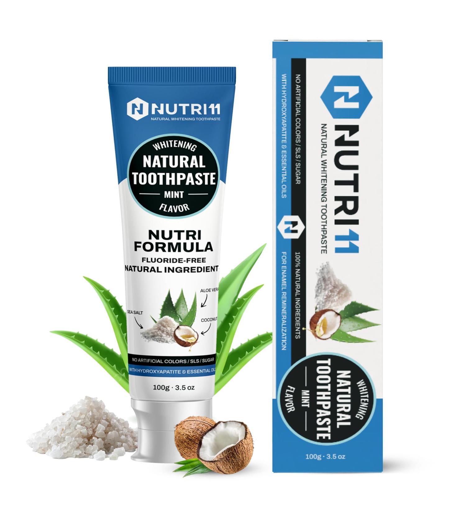 Nutri 11 Natural Whitening Toothpaste | Fluoride-Free & SLS-Free | Enamel Remineralization with Hydroxyapatite & Baking Soda | Sensitive Teeth Safe | Fresh Mint Flavor | 100g Adult - Buy Online on GoSupps.com